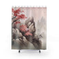 Asian Landscape Shower Curtain — Cherry Blossom Mountain Mist Bathroom Decor