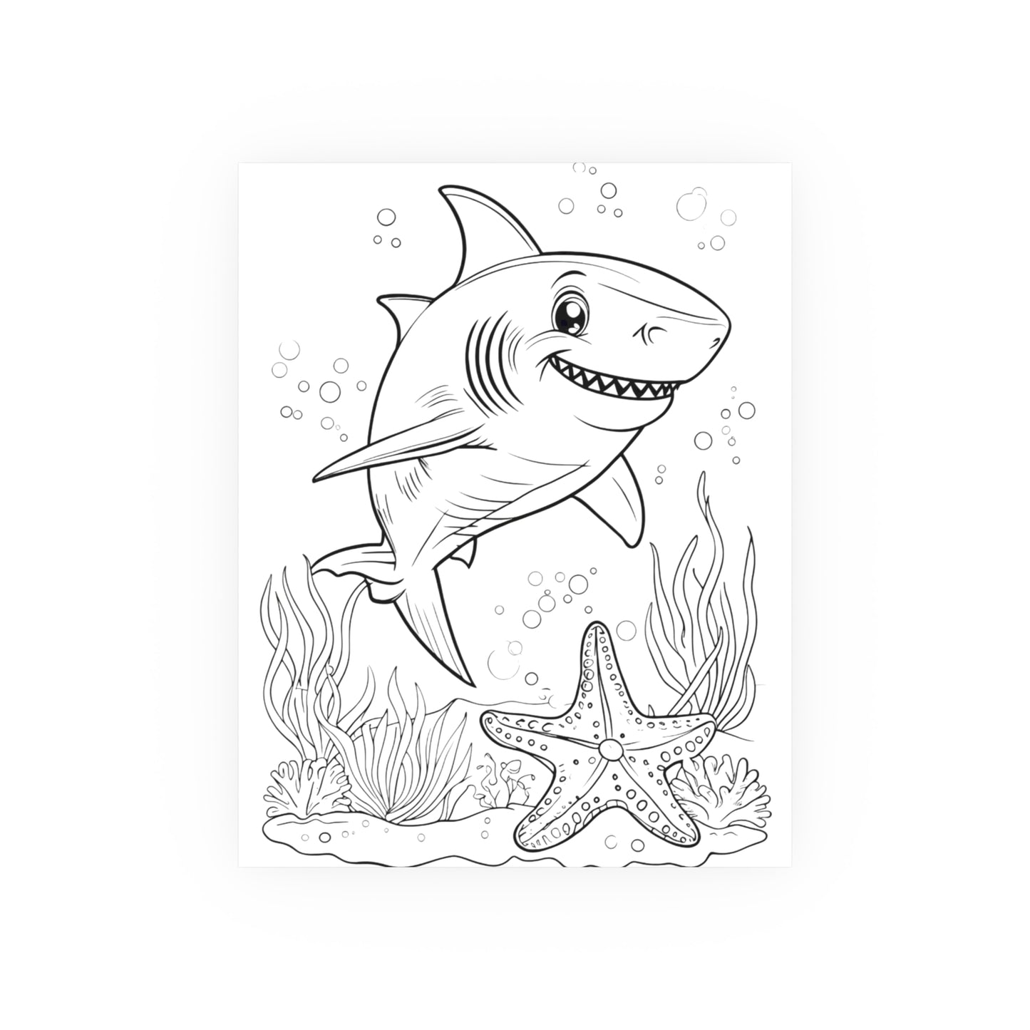 Cute Shark Coloring Poster — Satin & Archival Matte Ocean Print for Kids’ Rooms