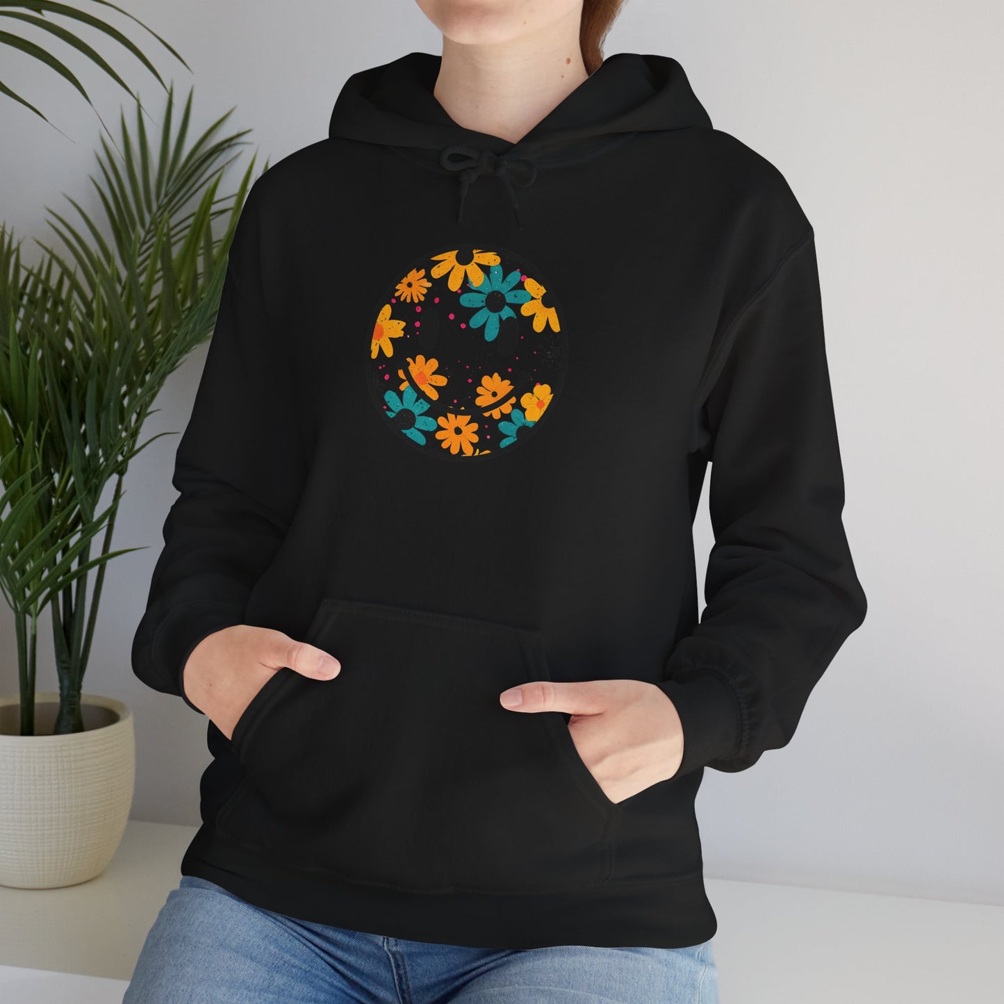 Floral Smiley Hoodie — Retro Daisy Smile Graphic Hoodie