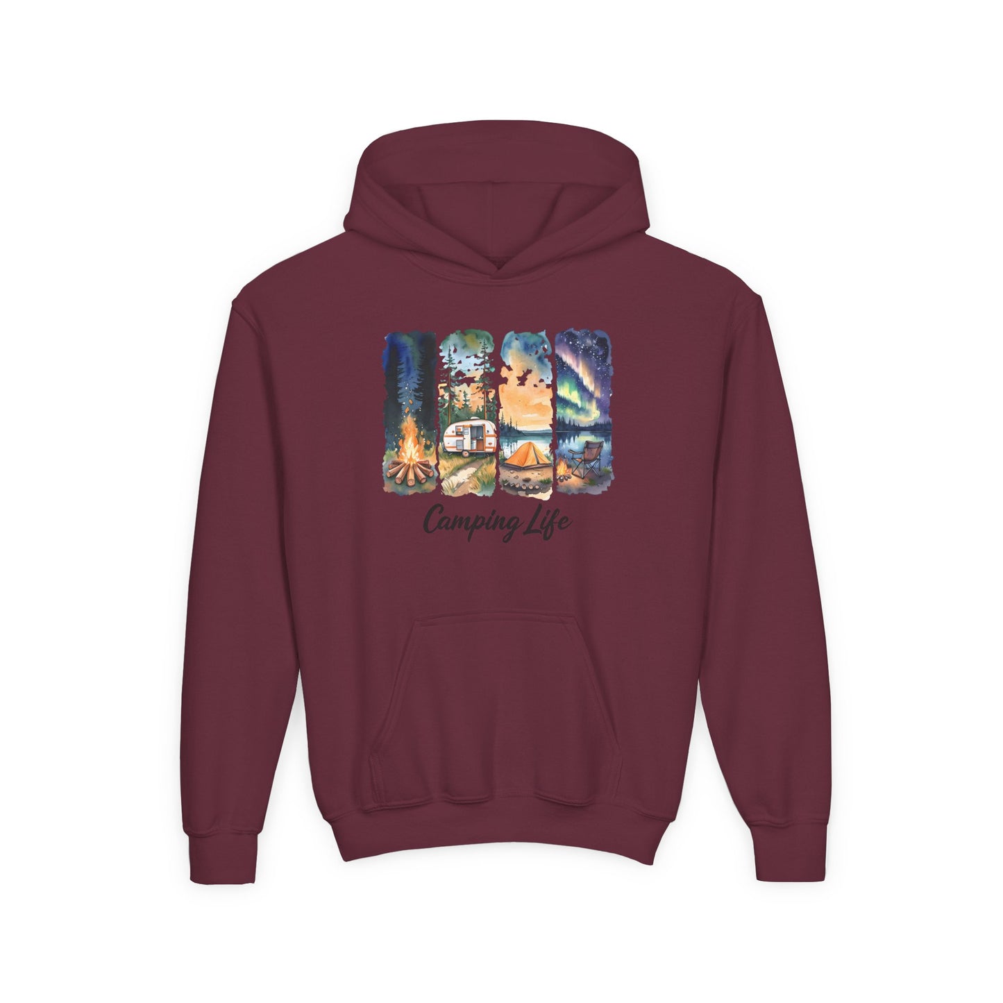 Youth Camping Life Hoodie — Scenic Campfire, Tent & Camper Pullover