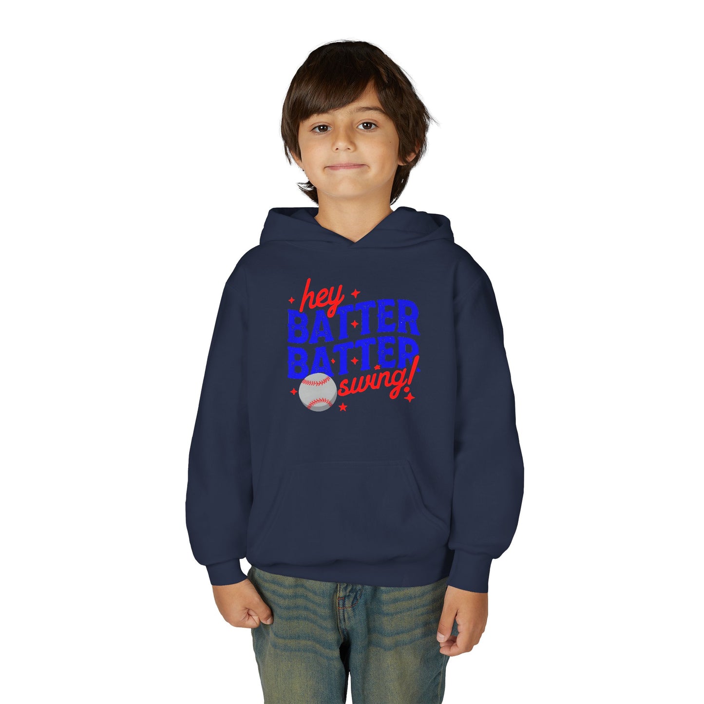 Youth Baseball Hoodie — "Hey Batter Batter Swing!" Graphic