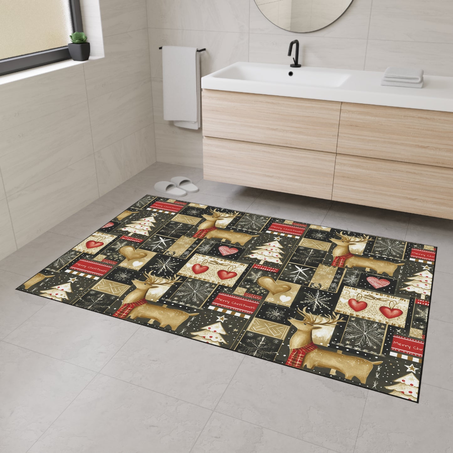 Christmas Reindeer Patchwork Floor Mat — Heavy Duty Holiday Entry Rug