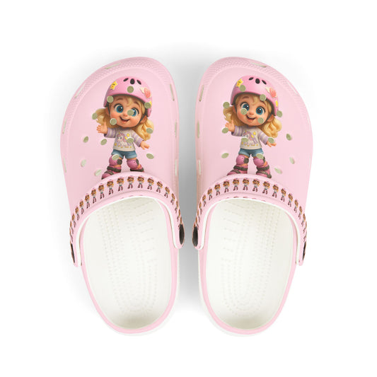 Kids Pink Character EVA Clogs — Cute Roller Girl Graphic