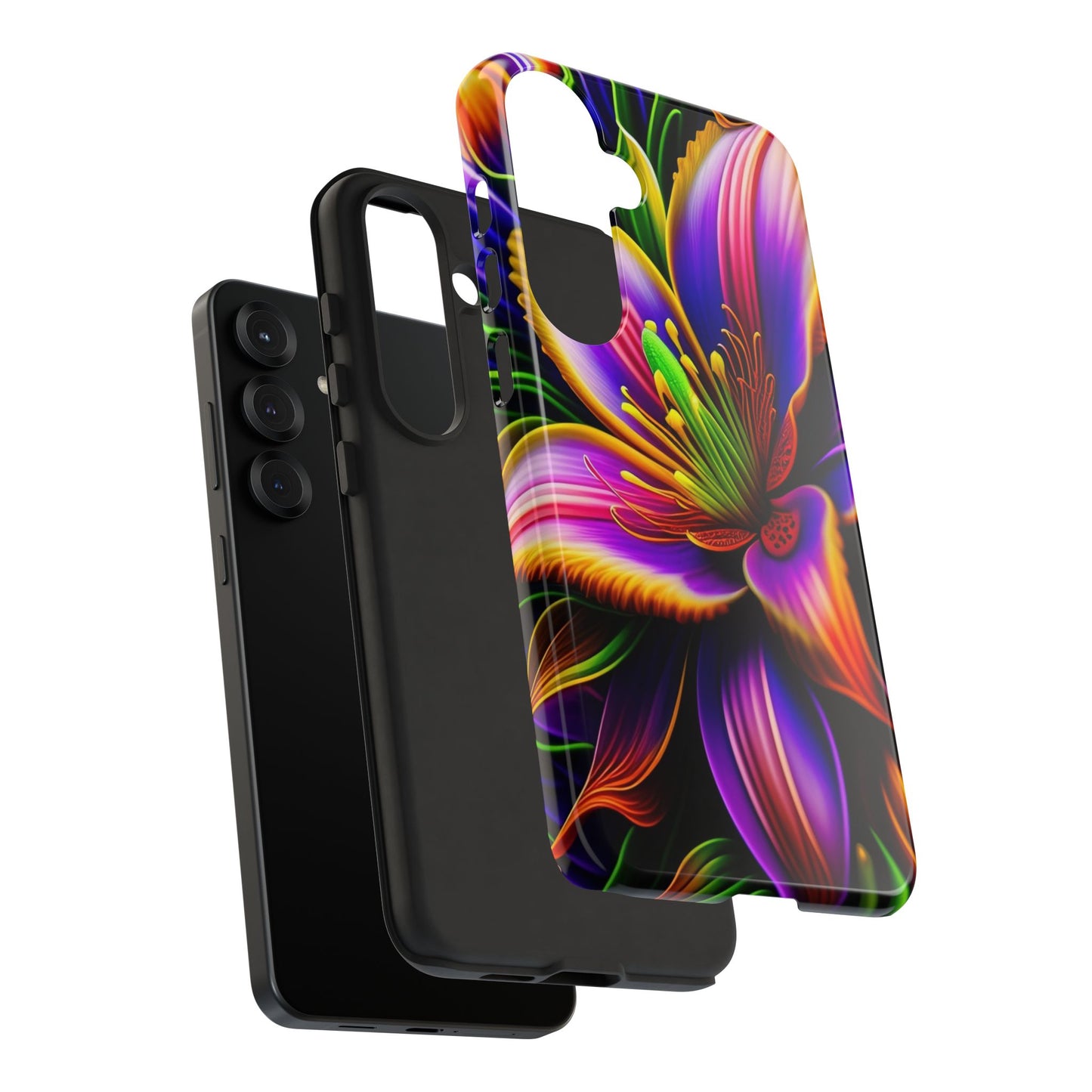 Floral Neon Tough Phone Case — Vivid Purple & Orange Lily Protective Cover