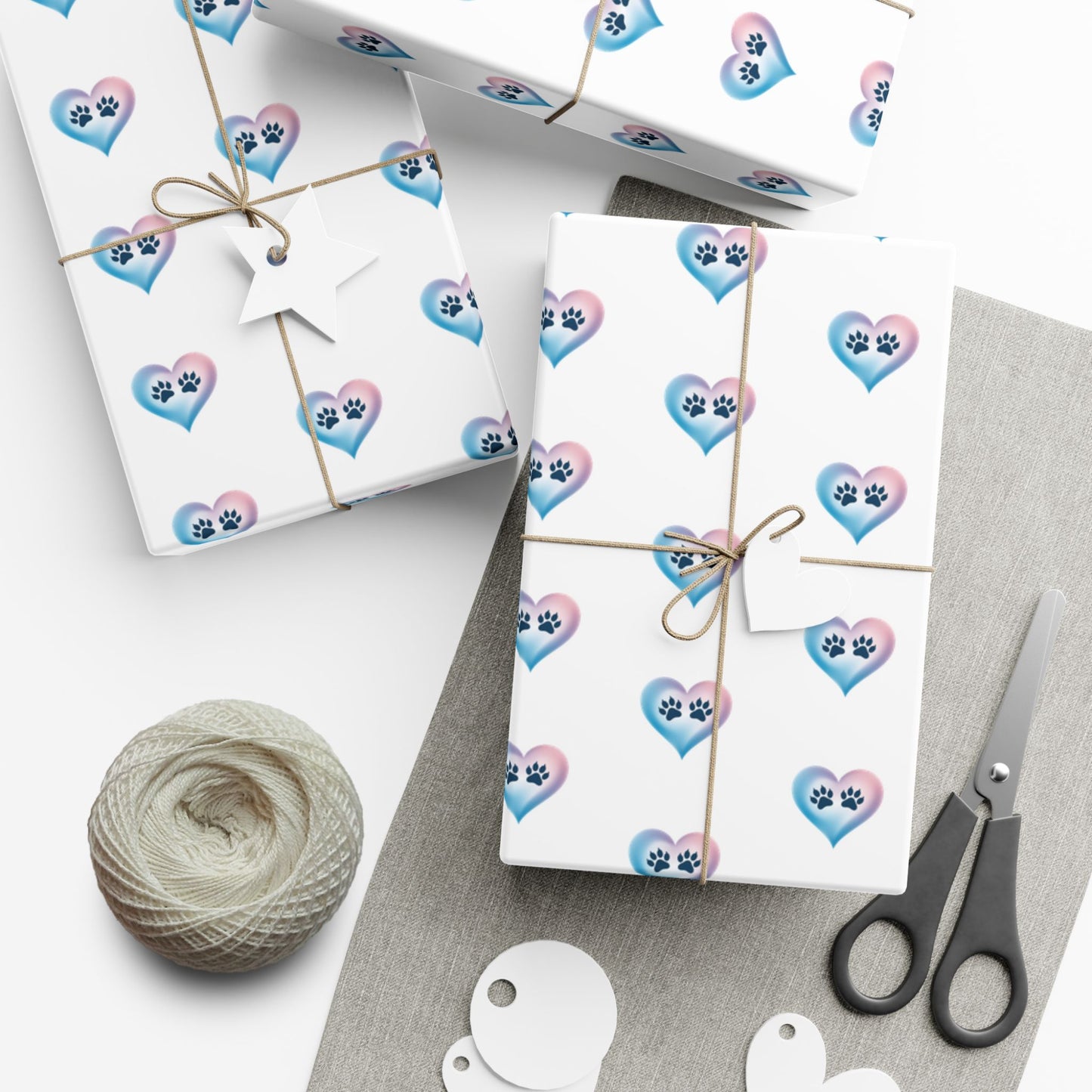 Gift Wrap Paper — Cute Blue-Pink Paw Heart Pattern (Pet Lover Wrapping Paper)