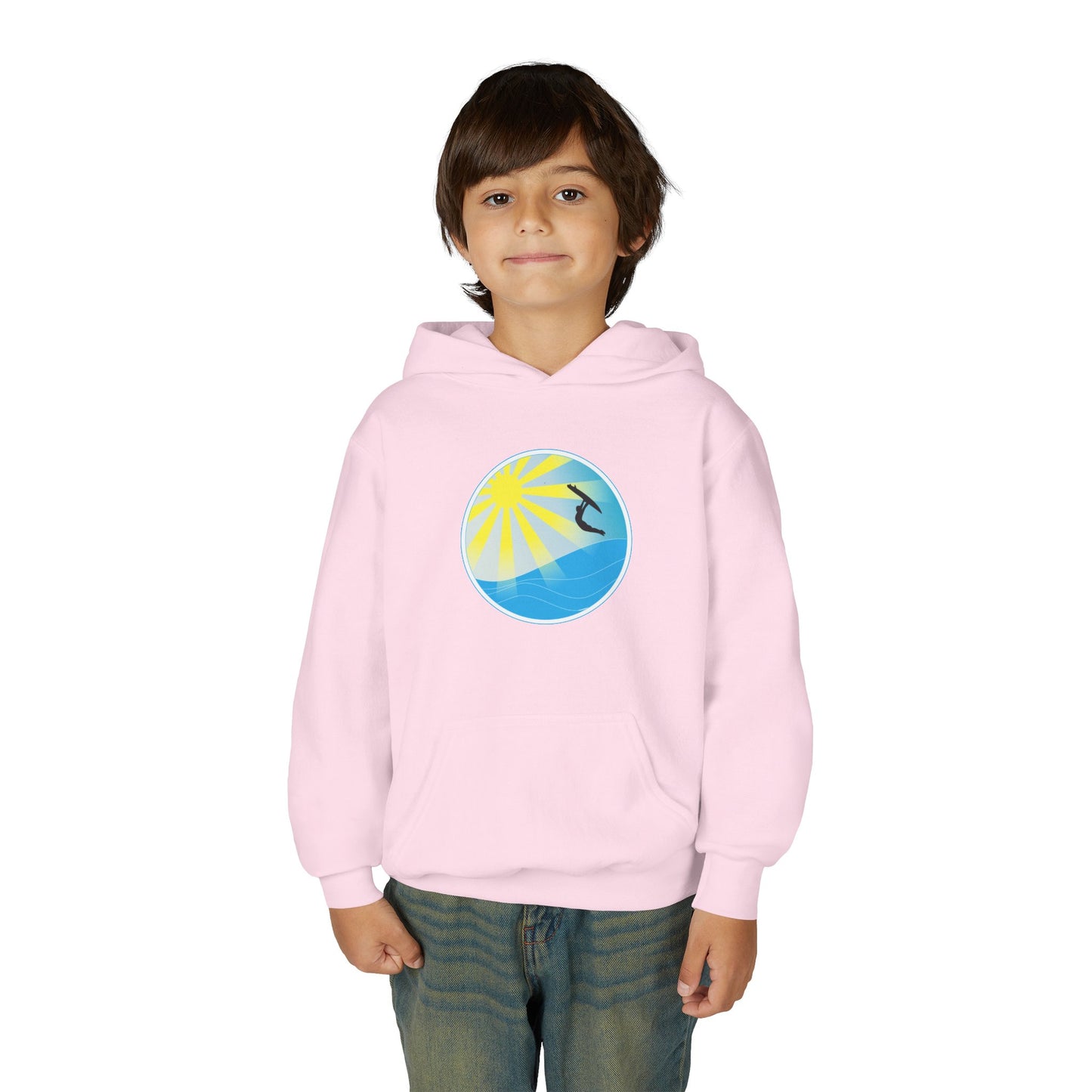 Sunrise Surf Circle Youth Hoodie | Surfing Wave Graphic