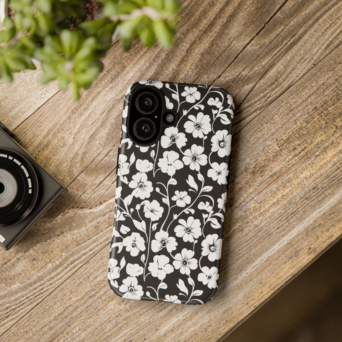 Floral Noir Tough Phone Case — Black & White Flower Protective Cover
