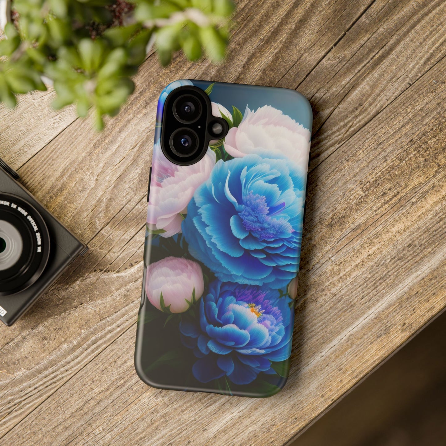 Floral Blue Peony Phone Case — Protective Tough Case with Pink & Blue Blooms
