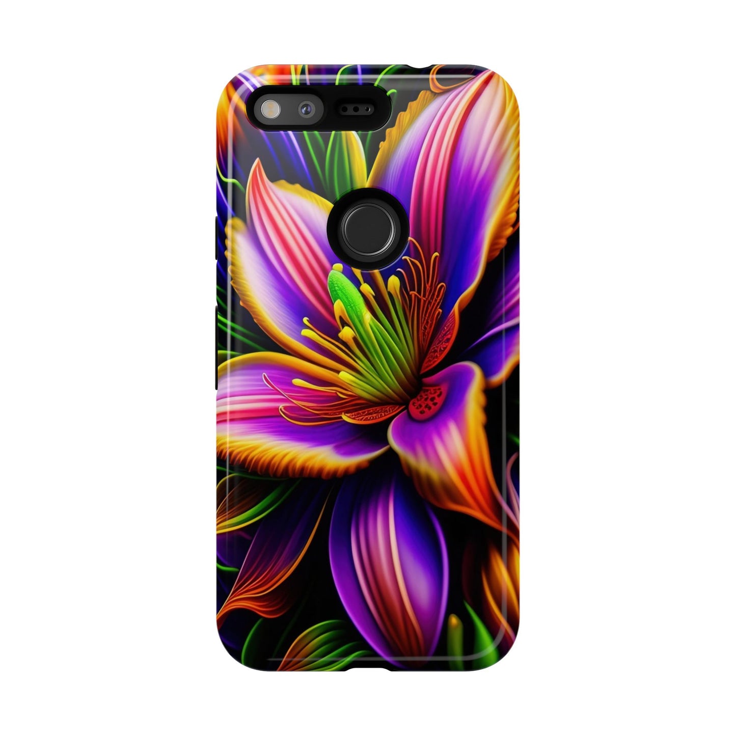 Floral Neon Tough Phone Case — Vivid Purple & Orange Lily Protective Cover