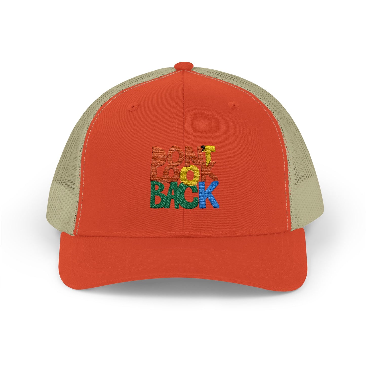 Don’t Look Back Snapback Trucker Cap — Retro Rainbow Embroidered Hat