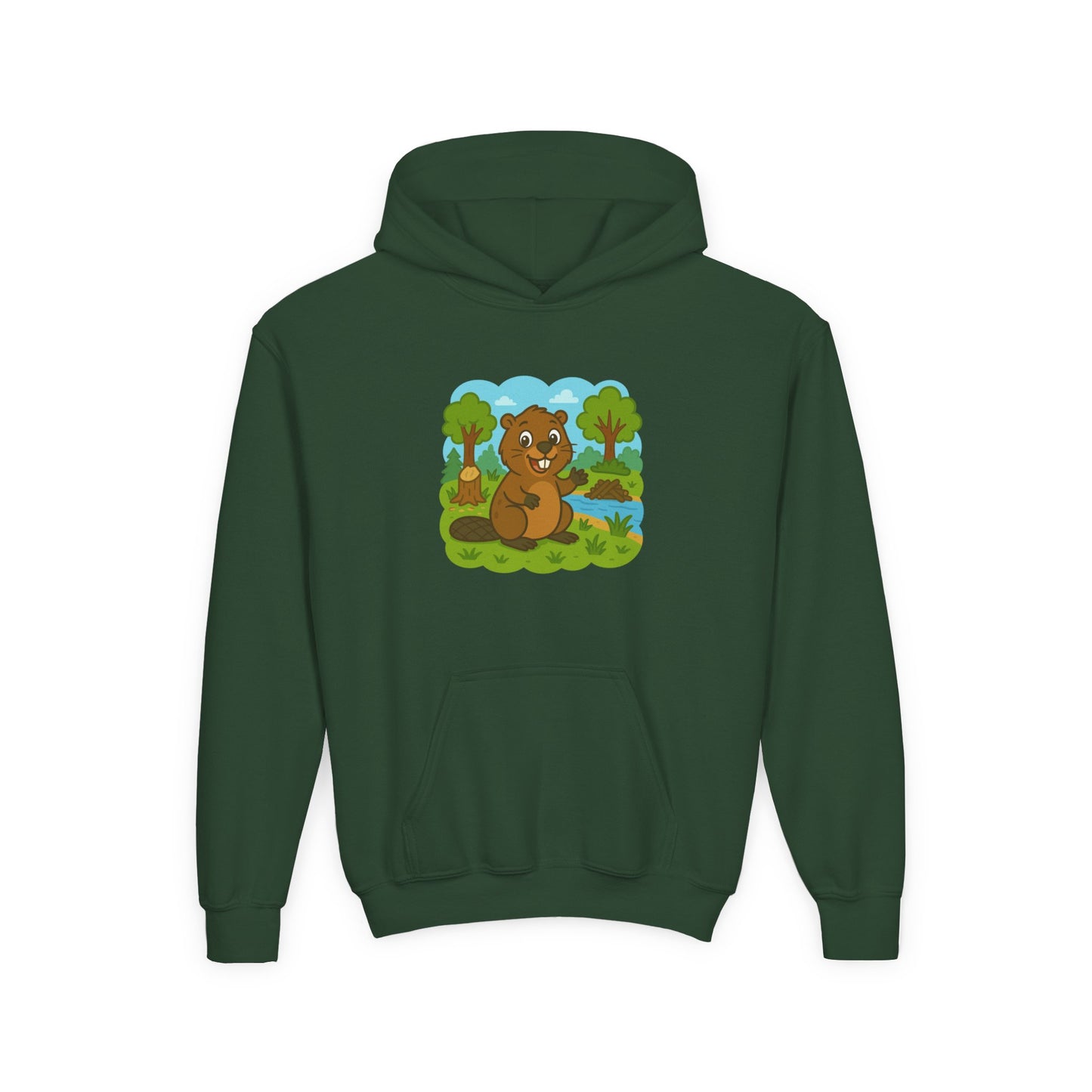 Cartoon Beaver Forest Scene Youth Hoodie | Woodland Animal Kids Sweatshirt