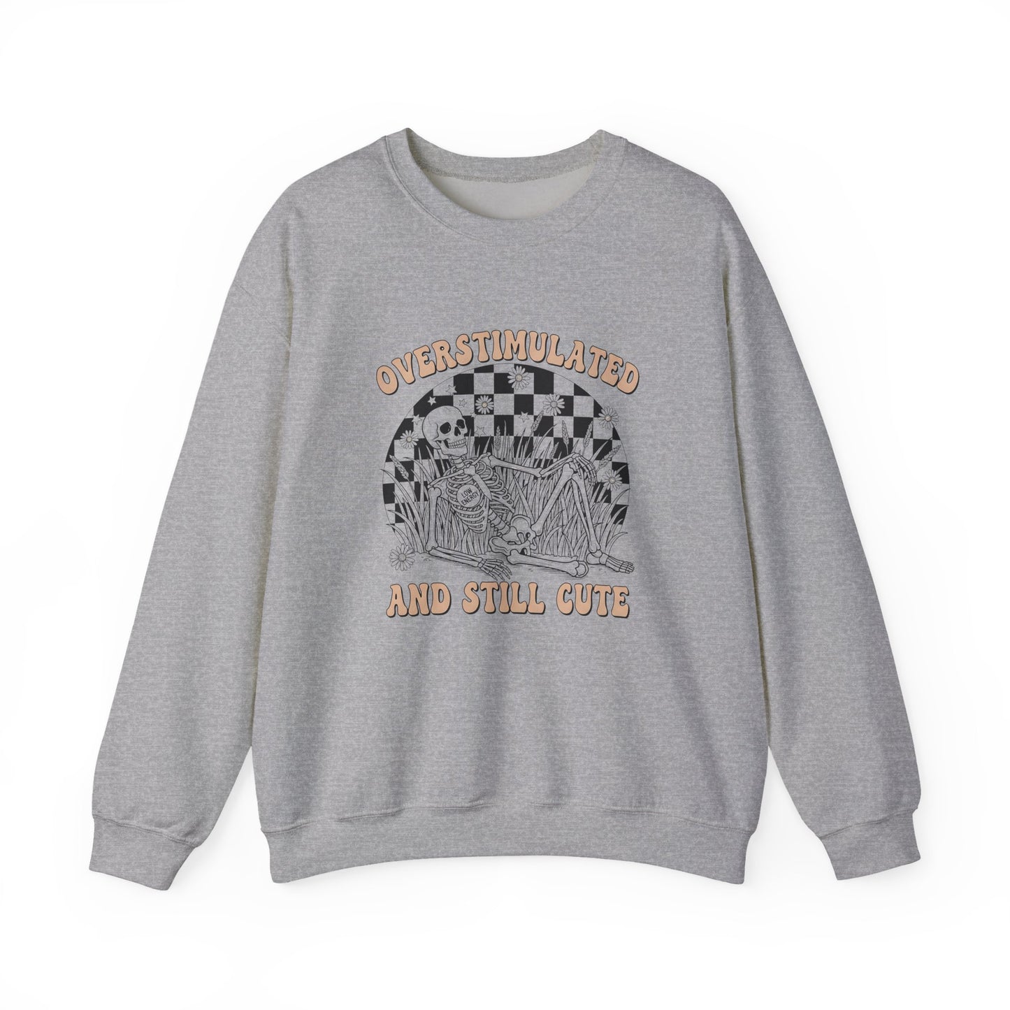 Sweatshirt — "Overstimulated and Still Cute" Skull Checkerboard Graphic Crewneck
