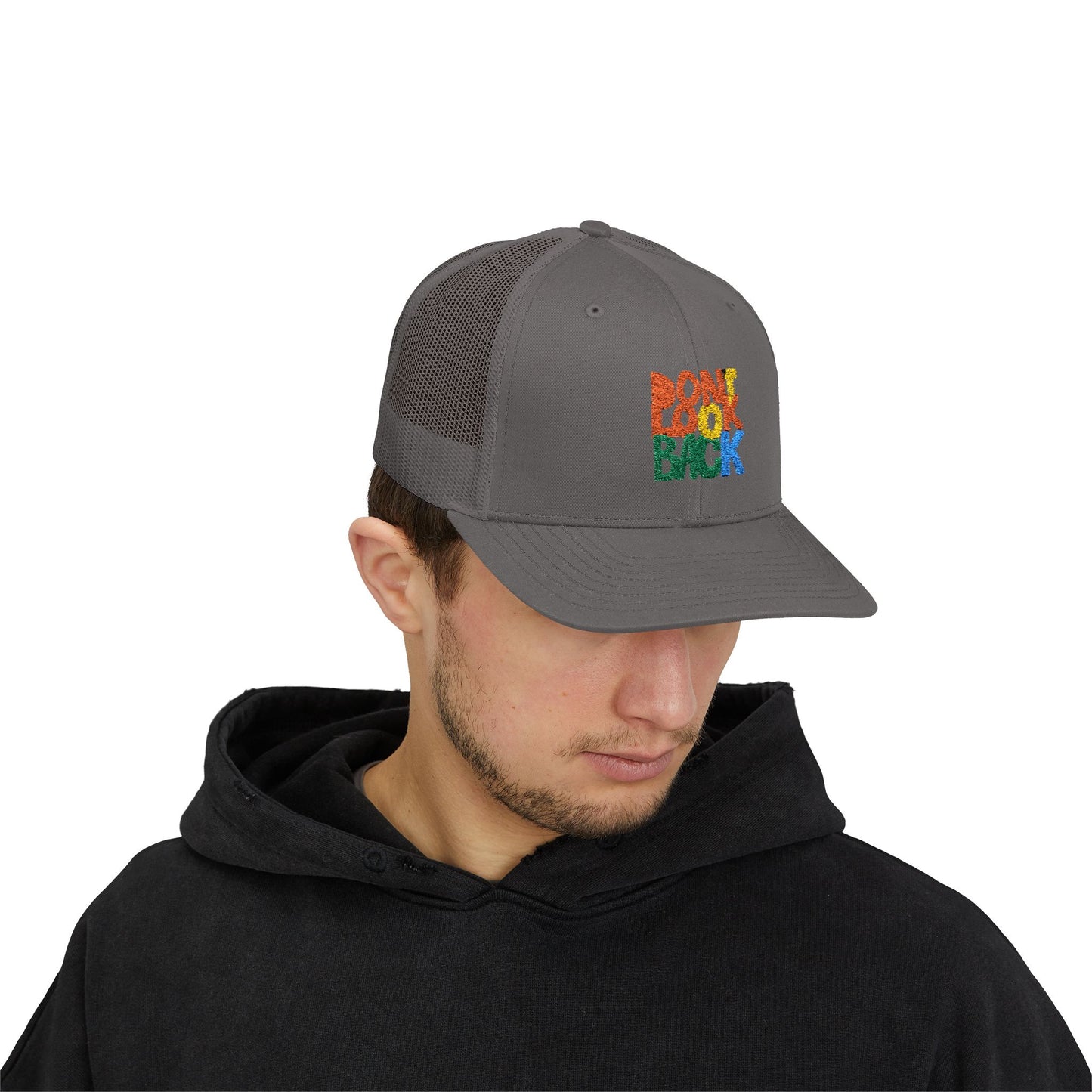 Don’t Look Back Snapback Trucker Cap — Retro Rainbow Embroidered Hat