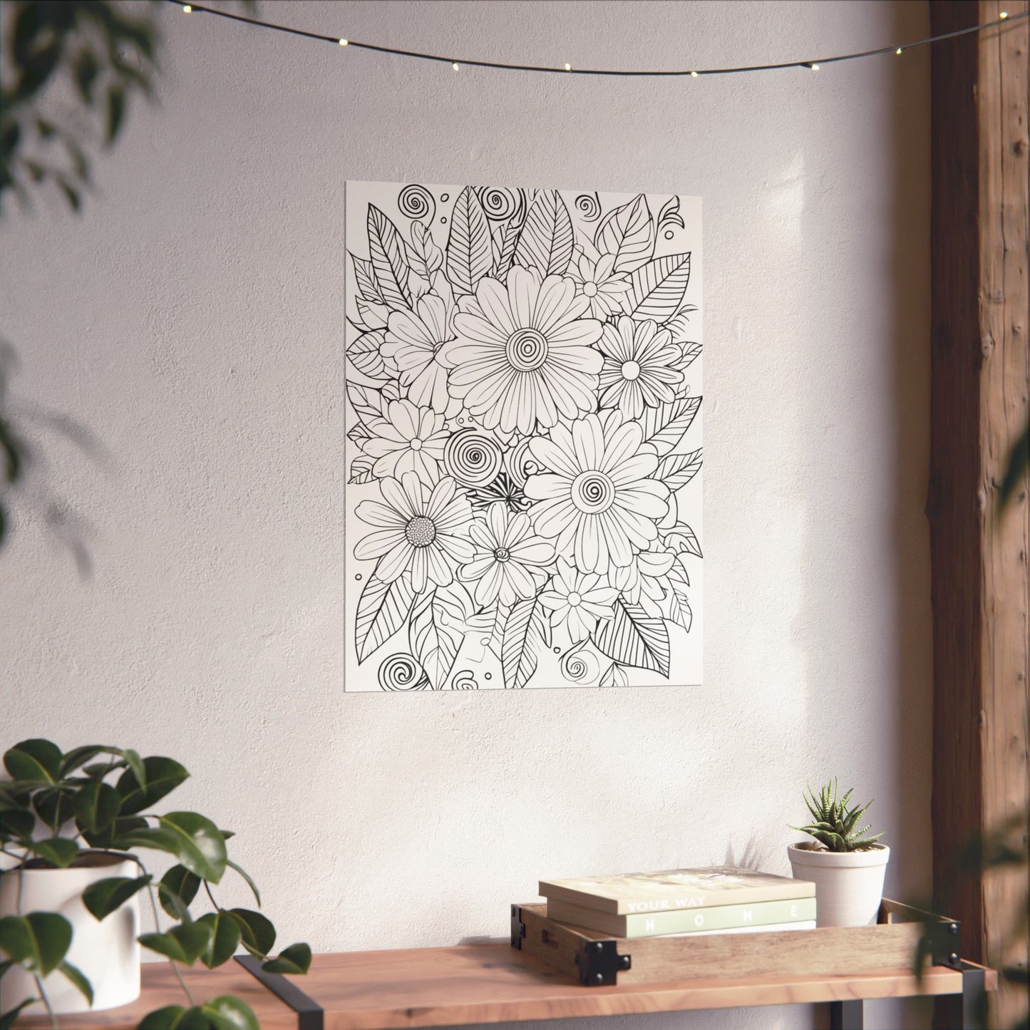 DIY Botanical Doodle Poster — Black & White Floral Coloring Art Print