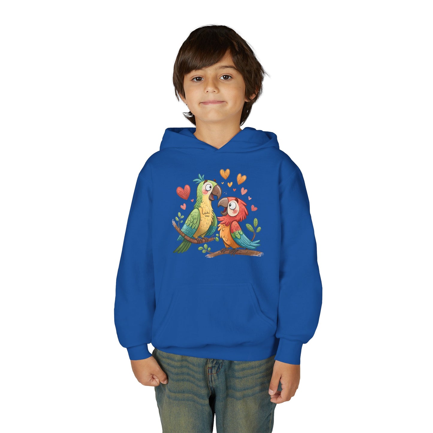 Youth Hoodie — Cute Parrot Couple Illustration (Hearts, Kids Pullover)