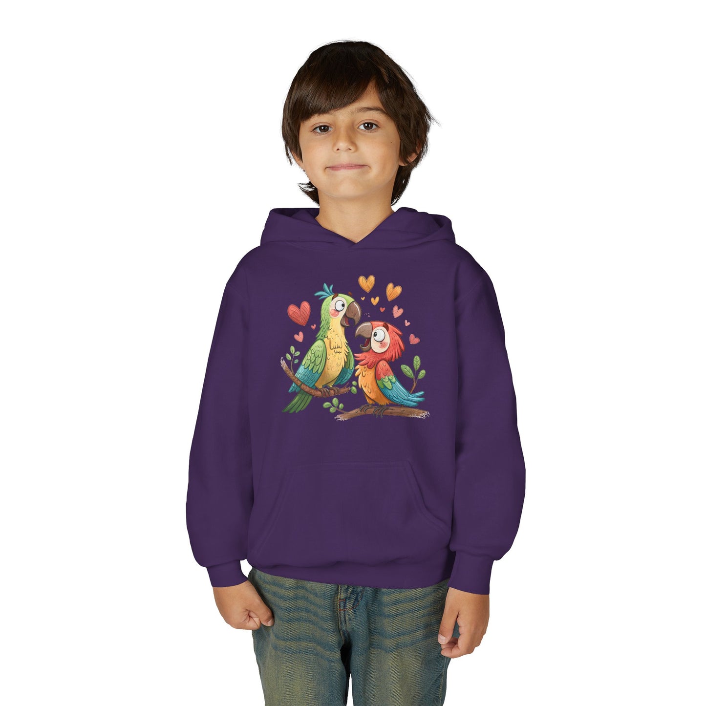 Youth Hoodie — Cute Parrot Couple Illustration (Hearts, Kids Pullover)