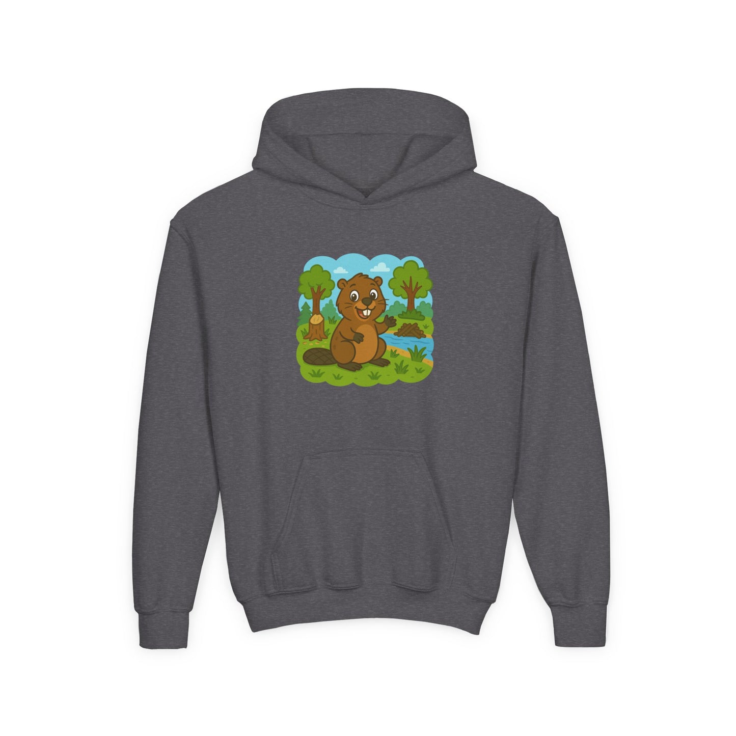 Cartoon Beaver Forest Scene Youth Hoodie | Woodland Animal Kids Sweatshirt