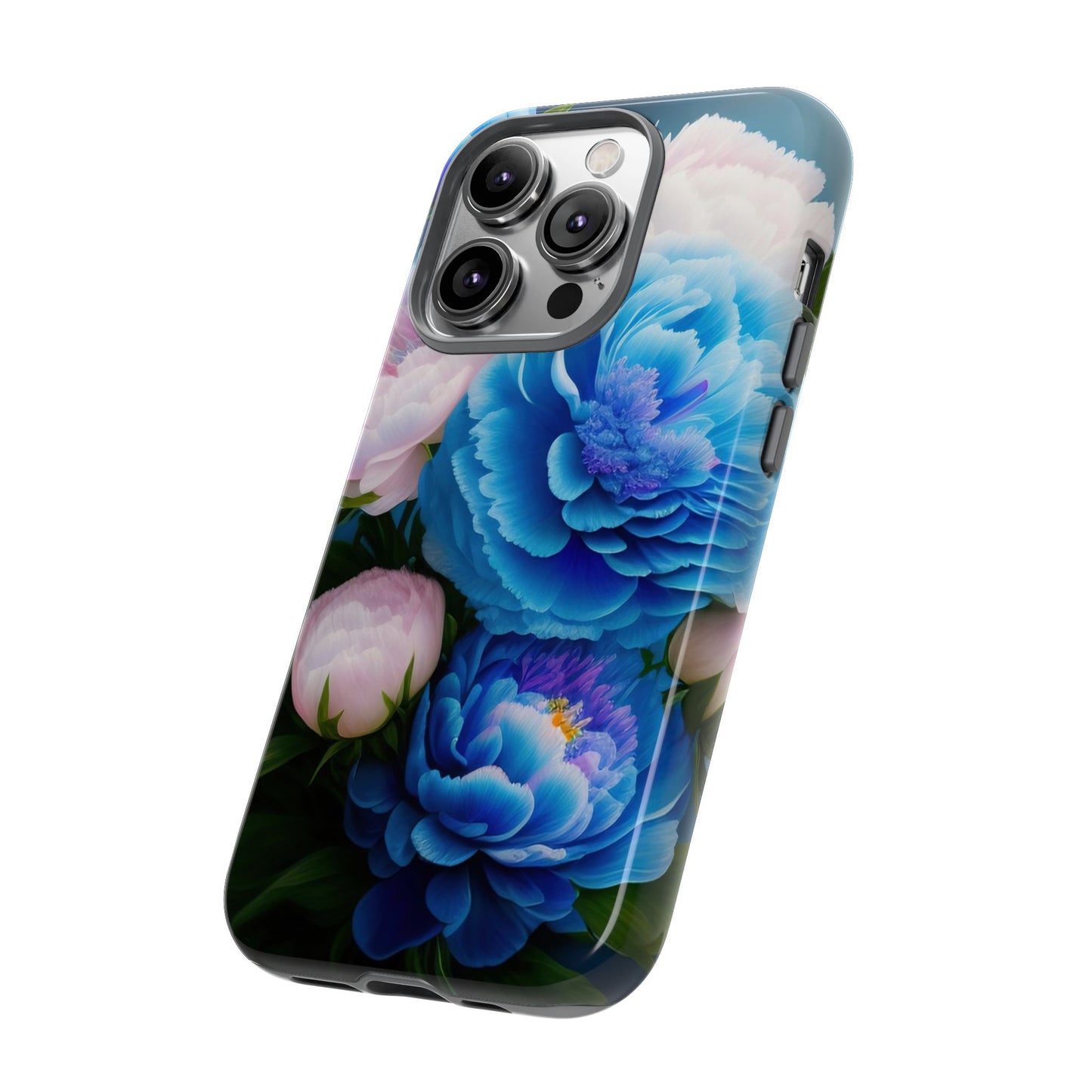 Floral Blue Peony Phone Case — Protective Tough Case with Pink & Blue Blooms