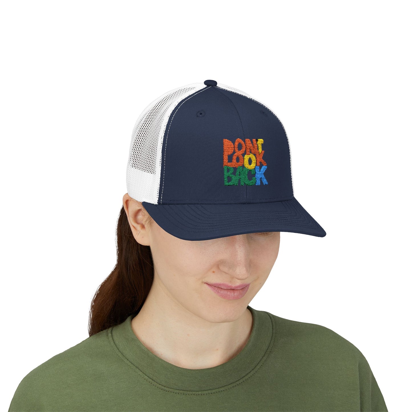 Don’t Look Back Snapback Trucker Cap — Retro Rainbow Embroidered Hat
