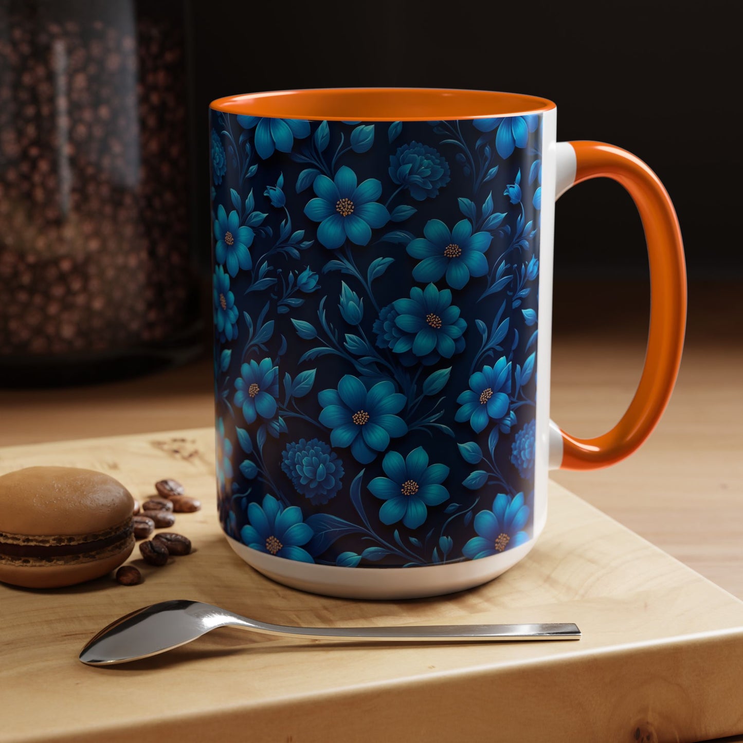 Floral Accent Coffee Mug, Blue Flower Mug, Ceramic Coffee Cup, Gift for Her, Nature-Themed Drinkware, Floral Home Decor, Unique Mug