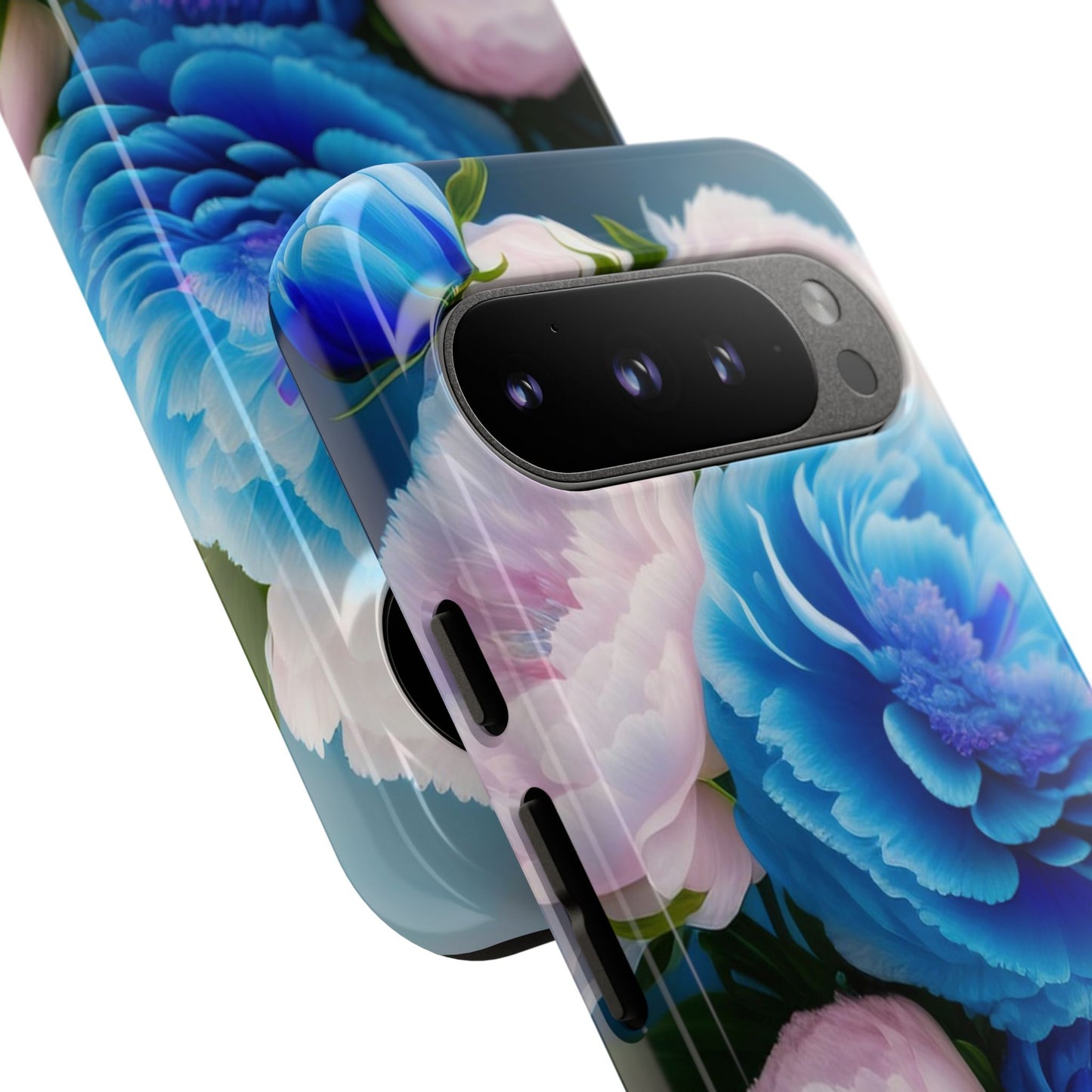 Floral Blue Peony Phone Case — Protective Tough Case with Pink & Blue Blooms