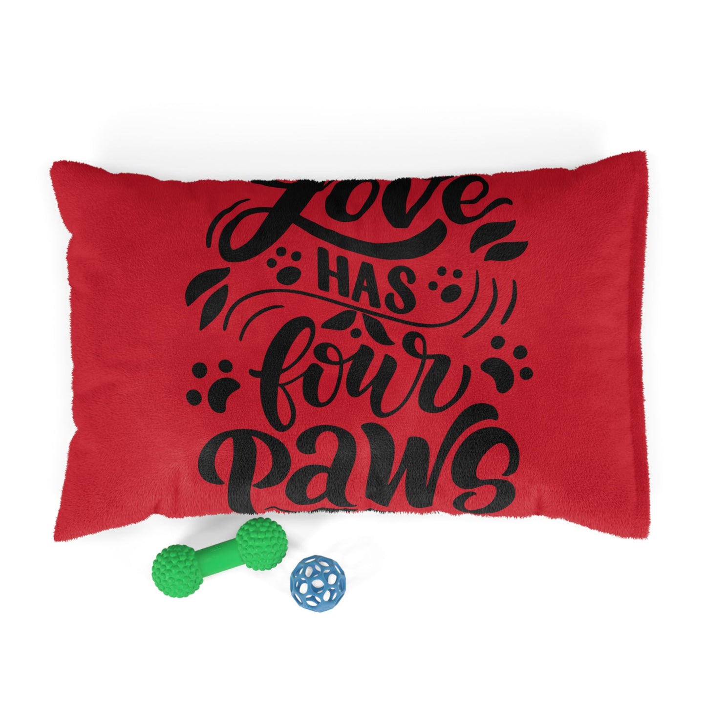 Love Has Four Paws Pet Bed — Red Plush Dog & Cat Cushion