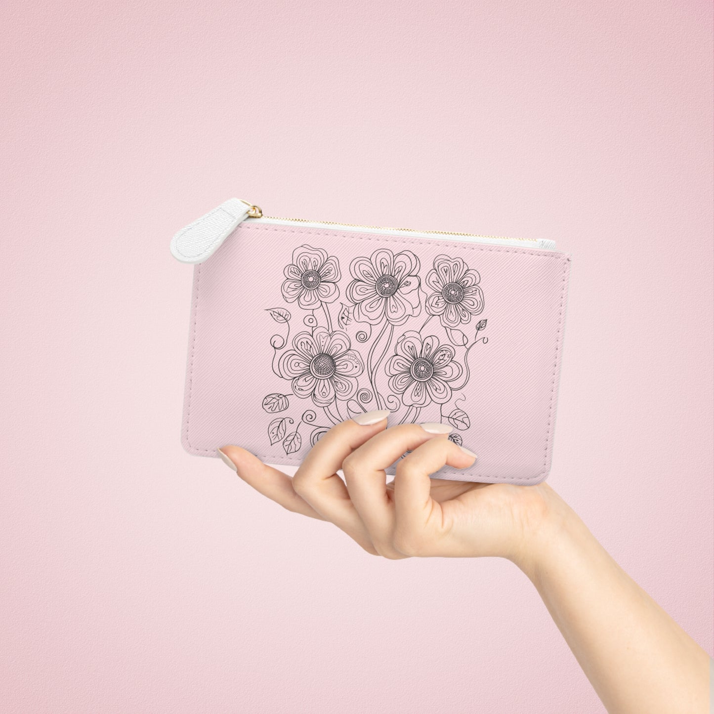 Floral Mini Clutch Bag — Pink Hand-Drawn Flower Zipper Pouch