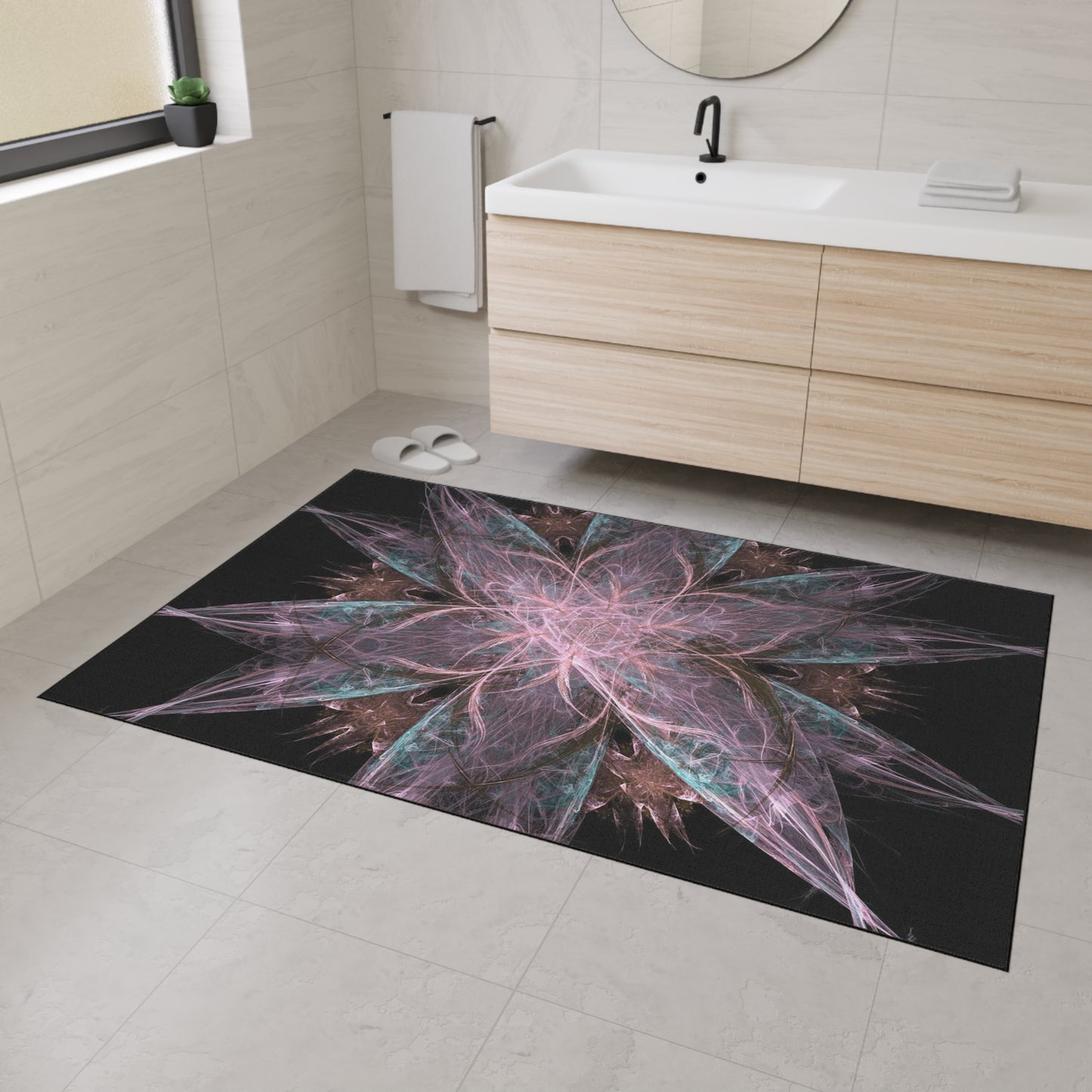 Mandala Star Heavy-Duty Floor Mat — Abstract Pink & Teal Fractal Entrance Rug