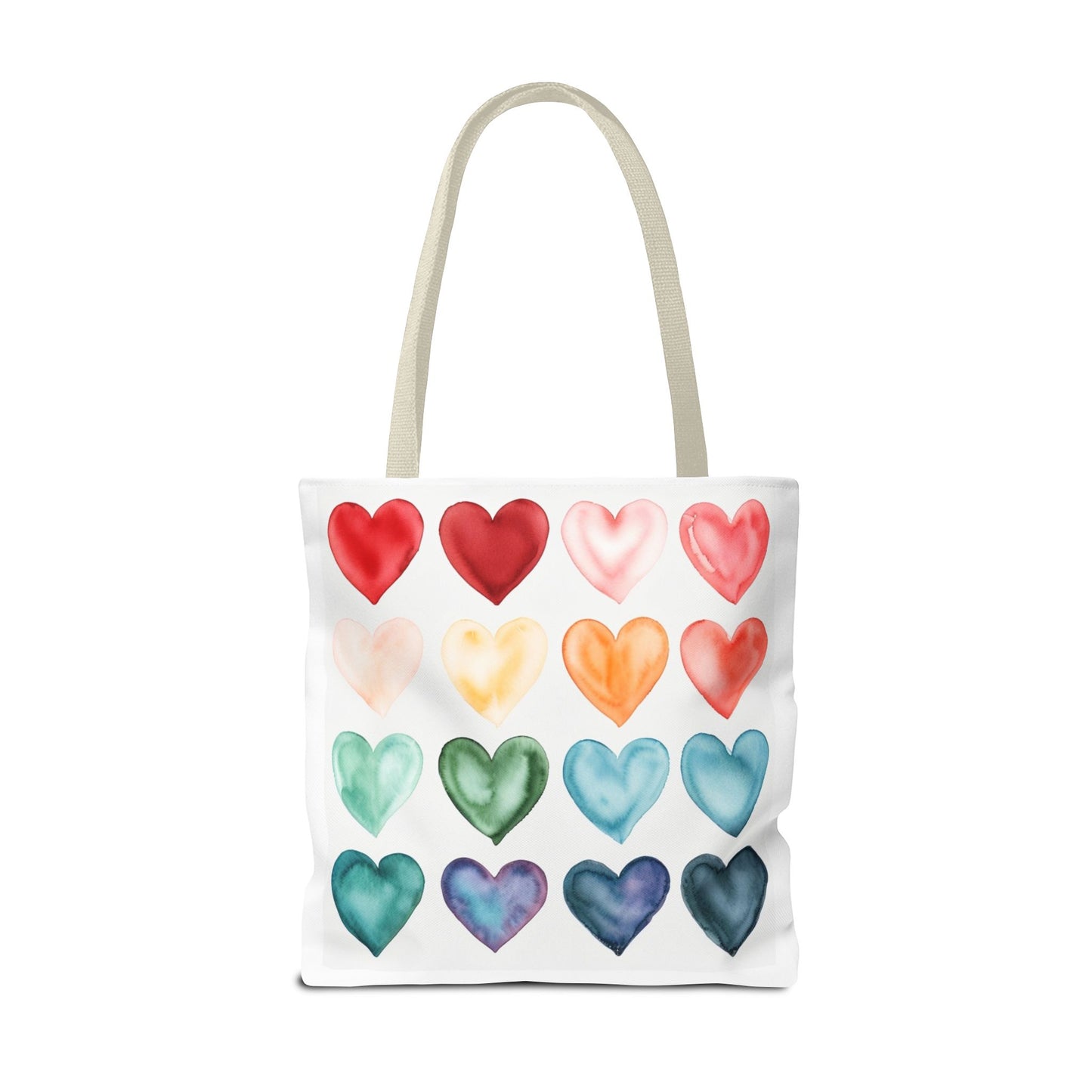 Watercolor Rainbow Hearts Tote Bag — Colorful Heart Pattern Beach & Market Tote