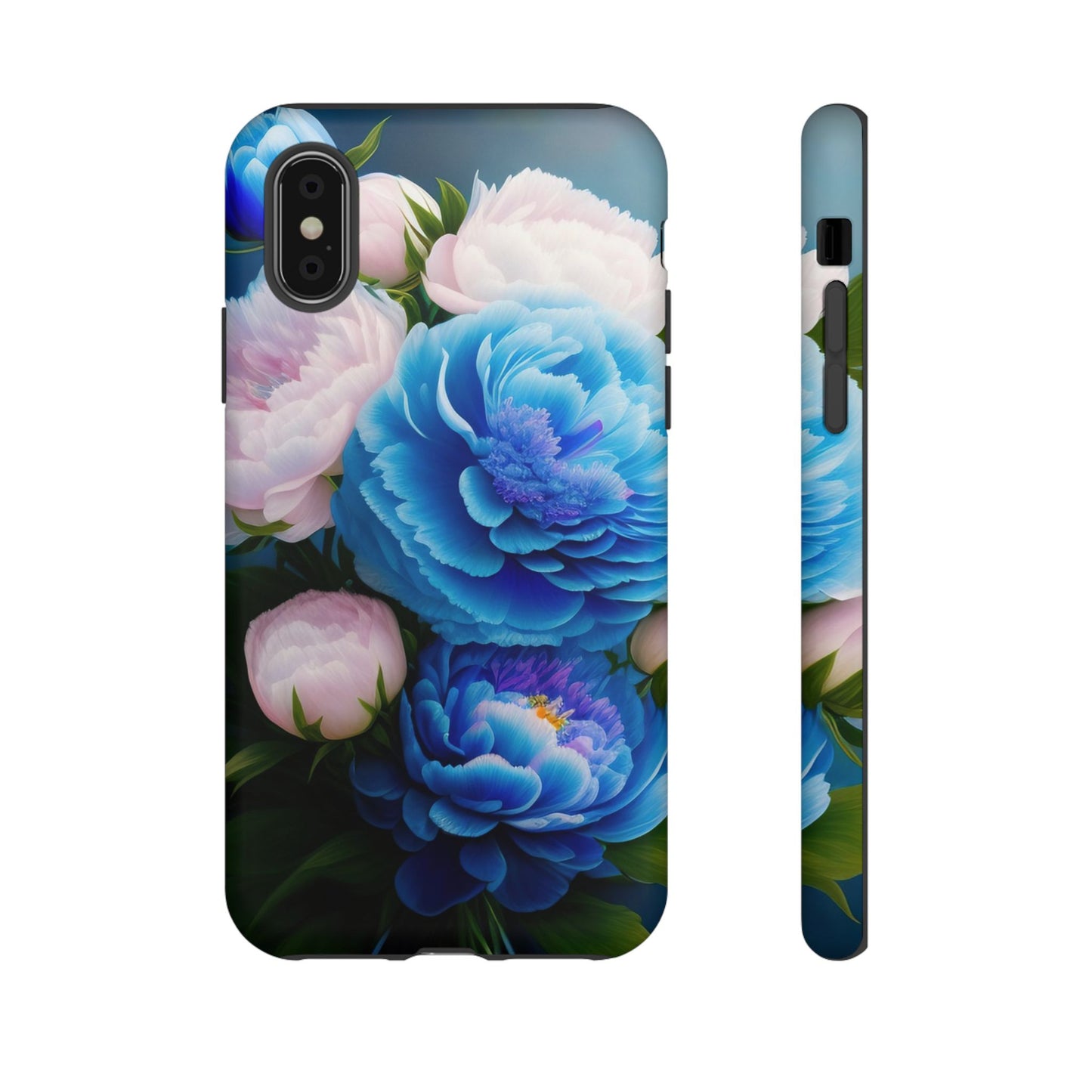 Floral Blue Peony Phone Case — Protective Tough Case with Pink & Blue Blooms