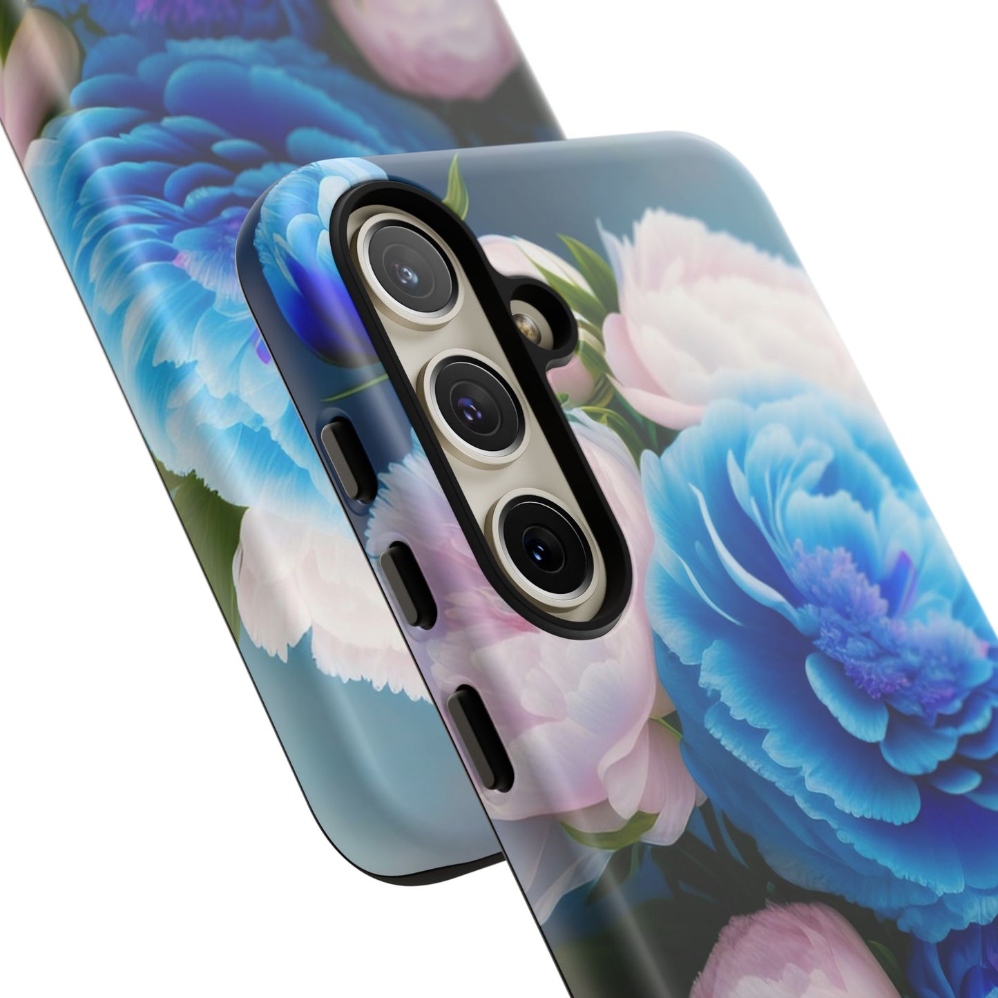 Floral Blue Peony Phone Case — Protective Tough Case with Pink & Blue Blooms