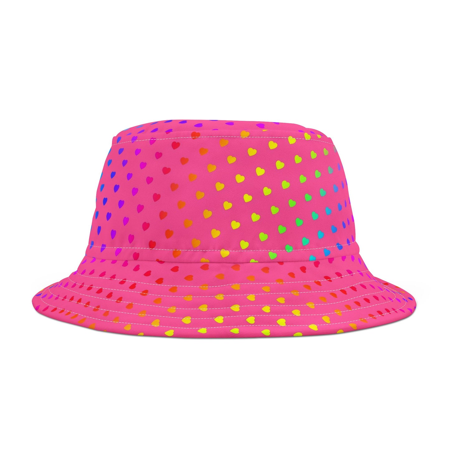 Pink Rainbow Heart Bucket Hat — Colorful Polka Dot Summer Sun Hat