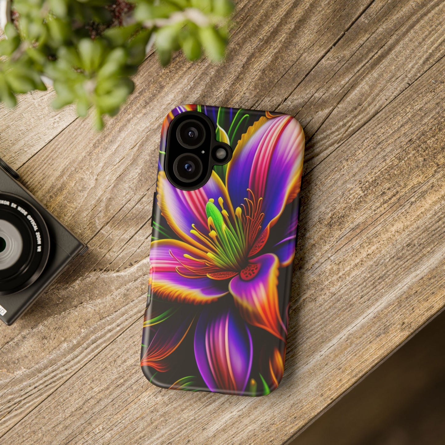 Floral Neon Tough Phone Case — Vivid Purple & Orange Lily Protective Cover