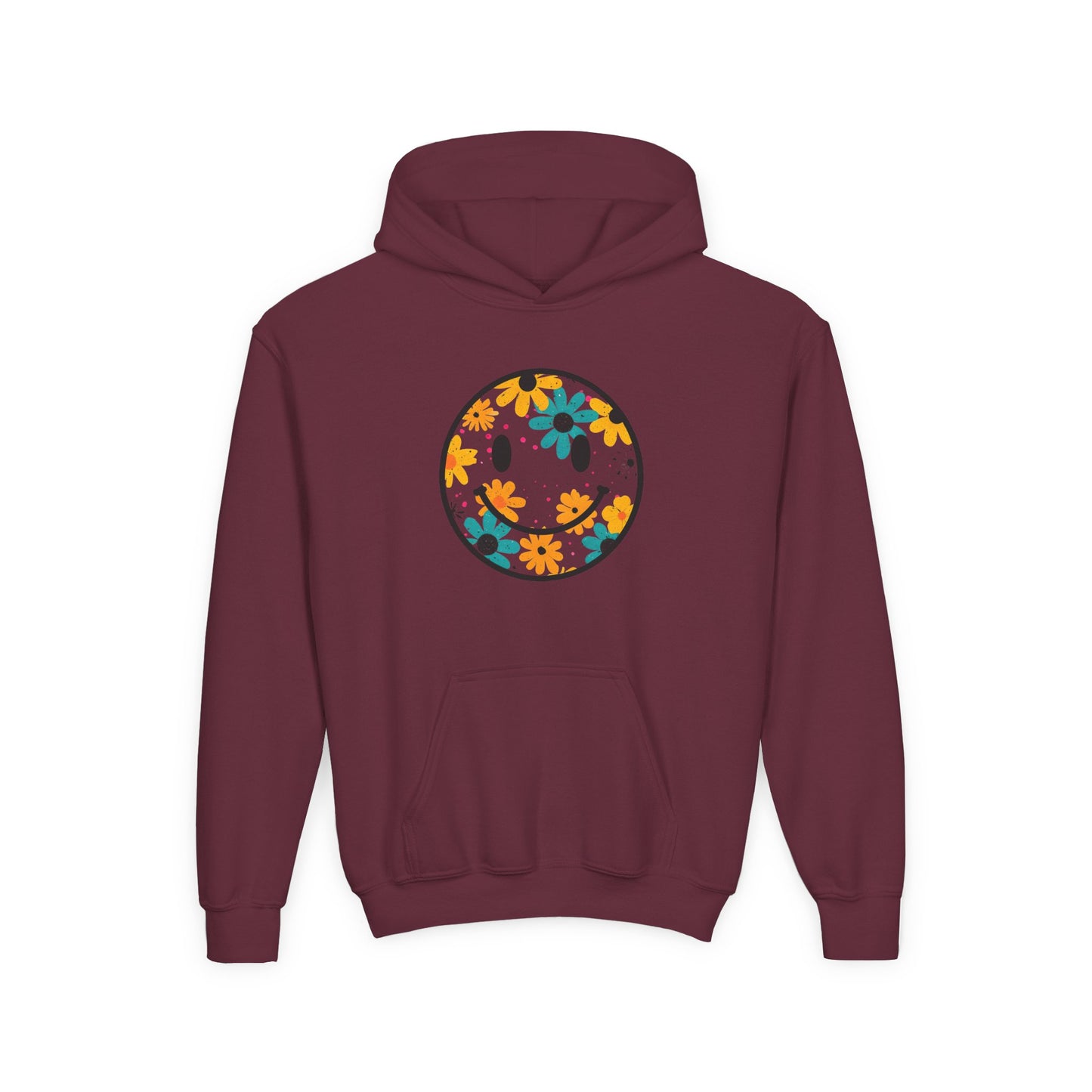 Youth Floral Hoodie – Orange & Teal Flower Circle Design