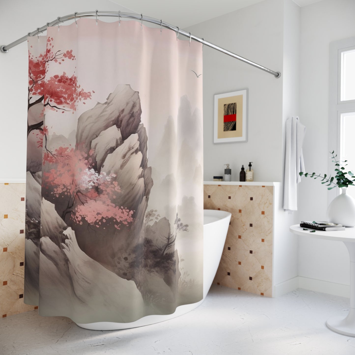 Asian Landscape Shower Curtain — Cherry Blossom Mountain Mist Bathroom Decor