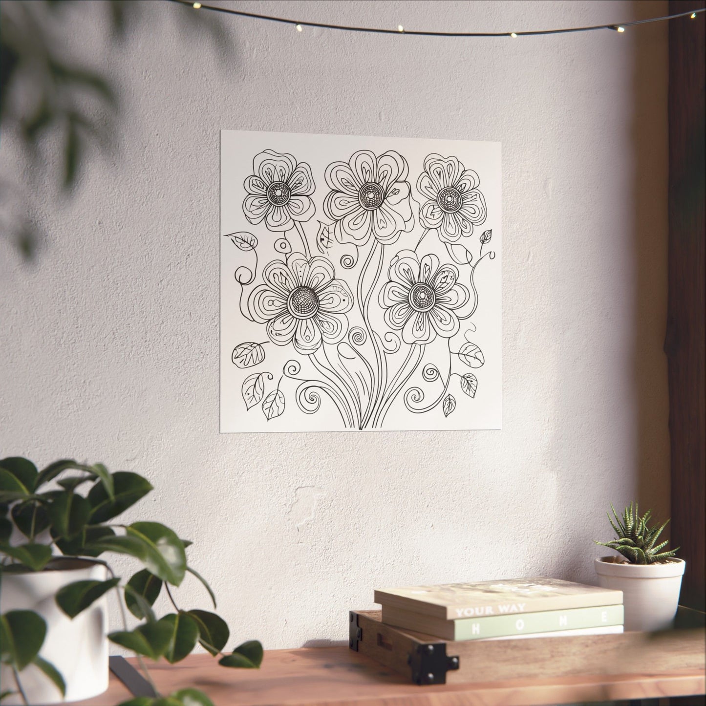 Floral Line Art Poster — Black & White Daisy Bouquet Matte Print - DIY