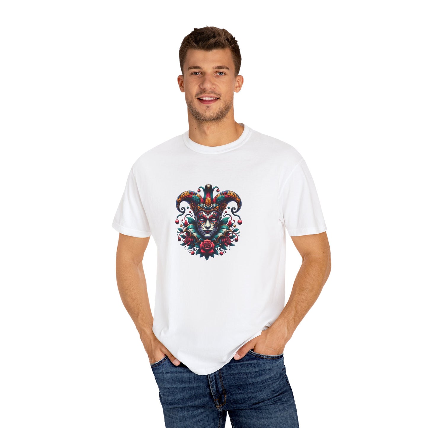Vibrant Graphic Unisex T-Shirt with Floral Mask Design