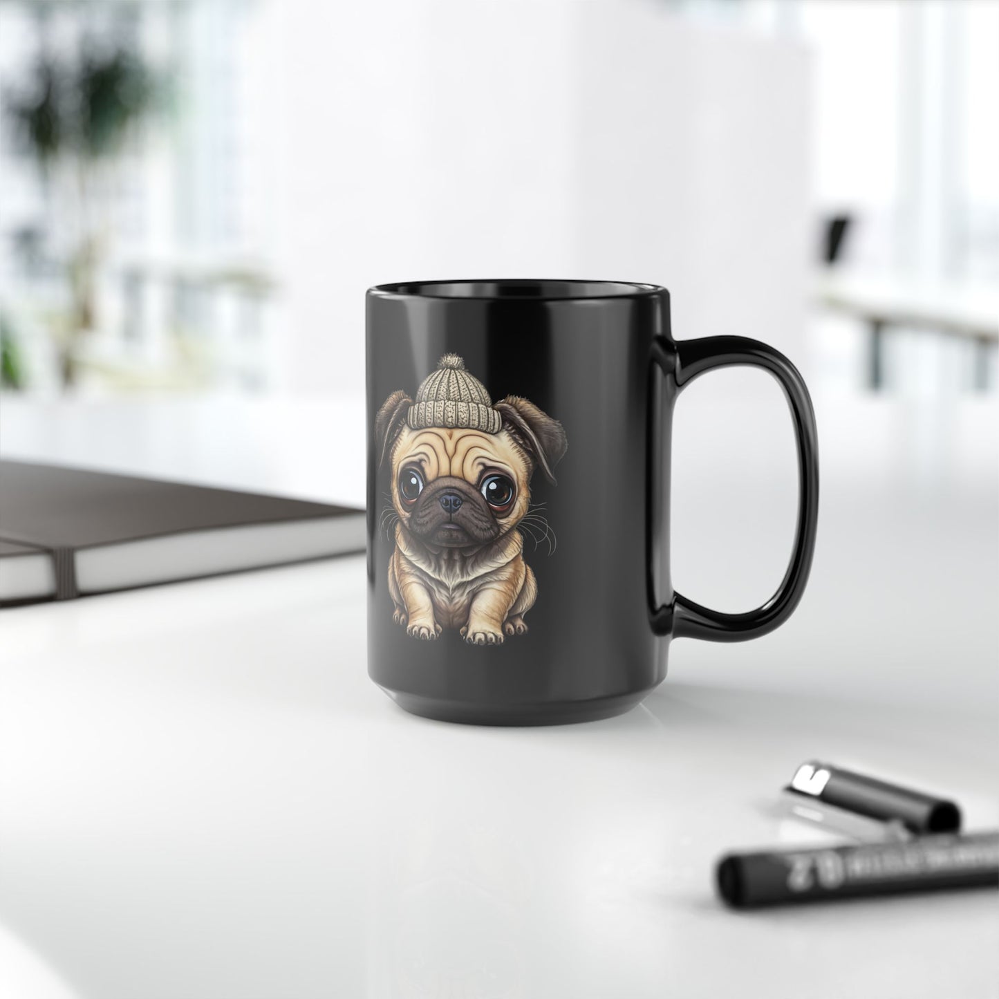 15oz Black Mug — Cute Pug Puppy with Beanie Coffee Mug