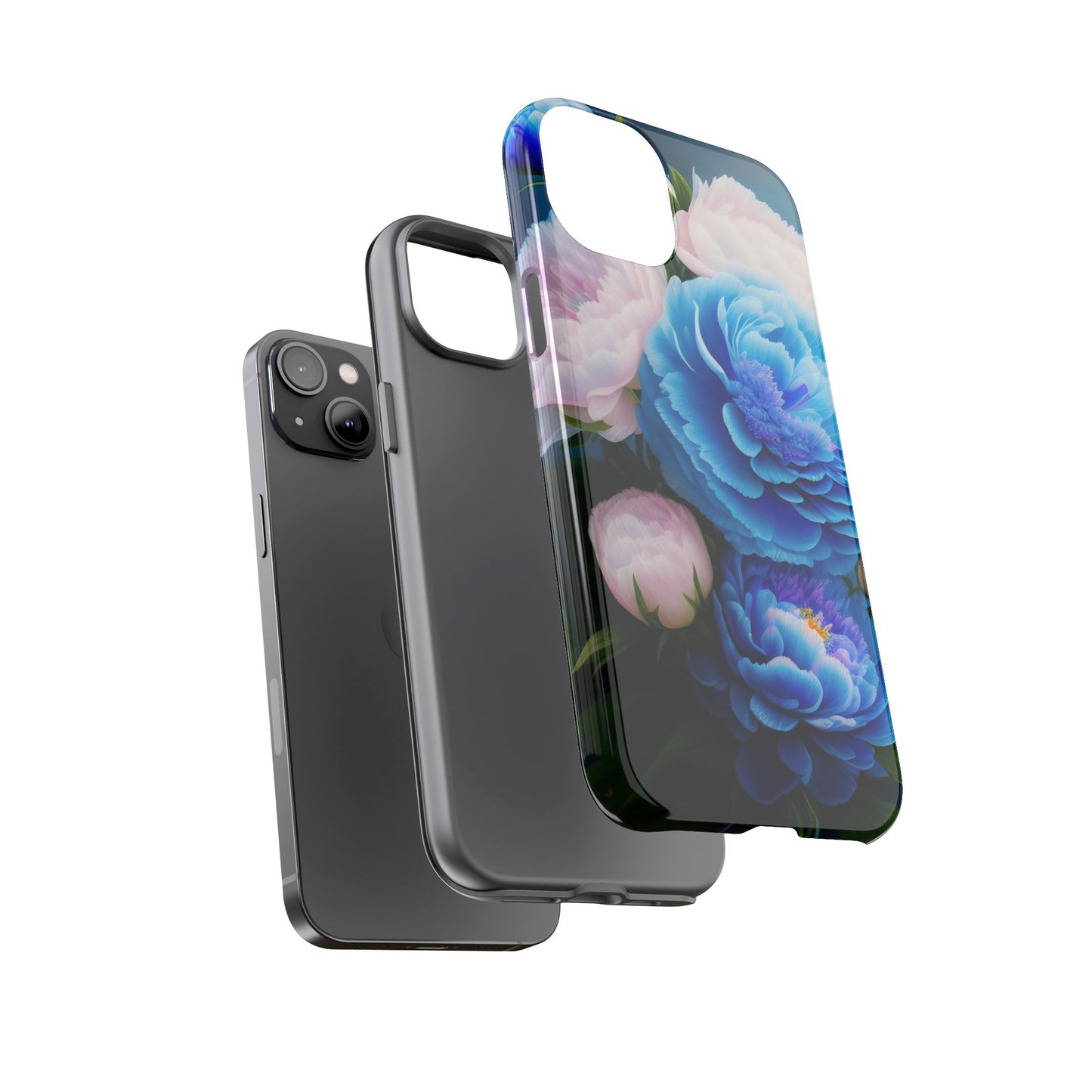 Floral Blue Peony Phone Case — Protective Tough Case with Pink & Blue Blooms