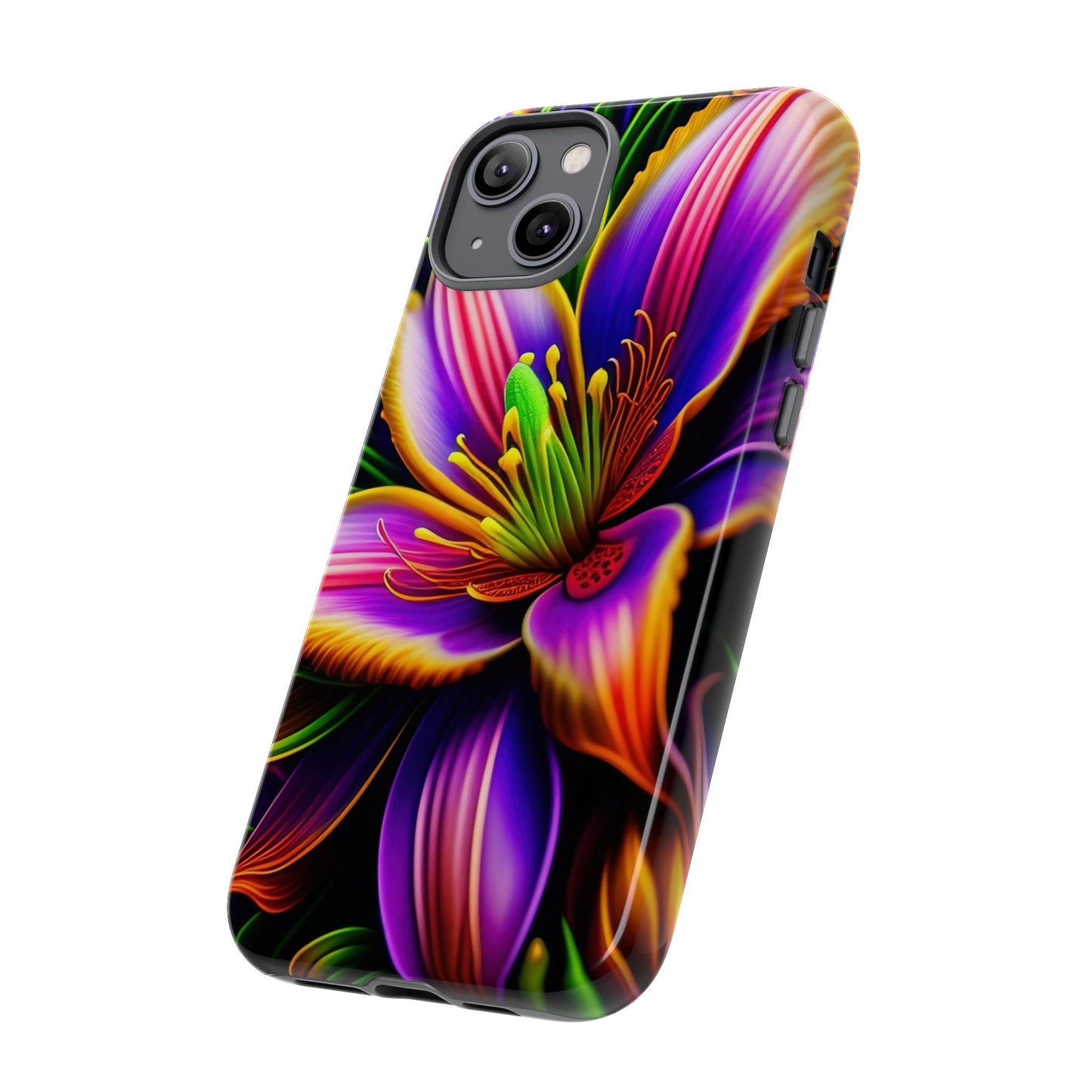 Floral Neon Tough Phone Case — Vivid Purple & Orange Lily Protective Cover