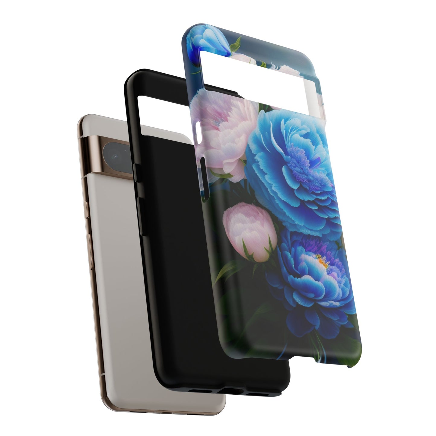 Floral Blue Peony Phone Case — Protective Tough Case with Pink & Blue Blooms