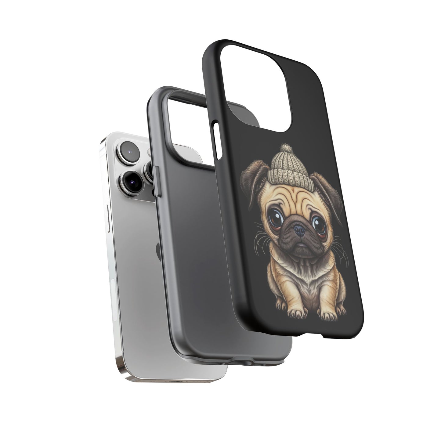 Pug Phone Case – Cute Pug Puppy Illustration on Black Tough Case