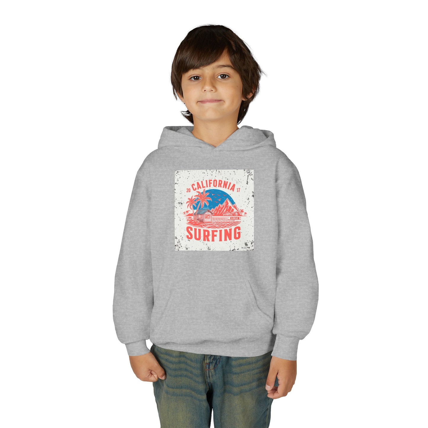 California Surfing Youth Hoodie — Retro Beach Palm Tree Surf Graphic