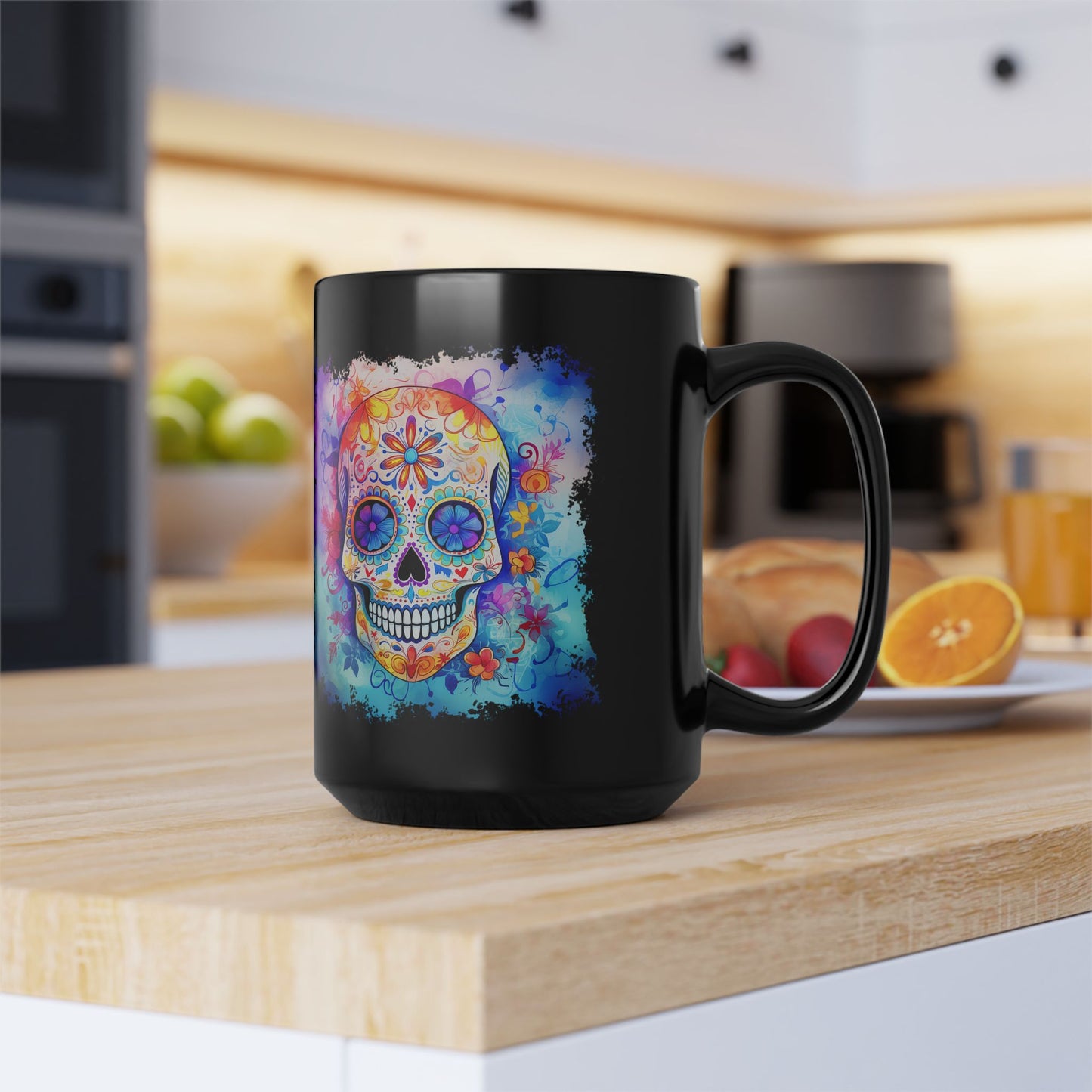 15oz Black Mug — Colorful Watercolor Sugar Skull Coffee Cup