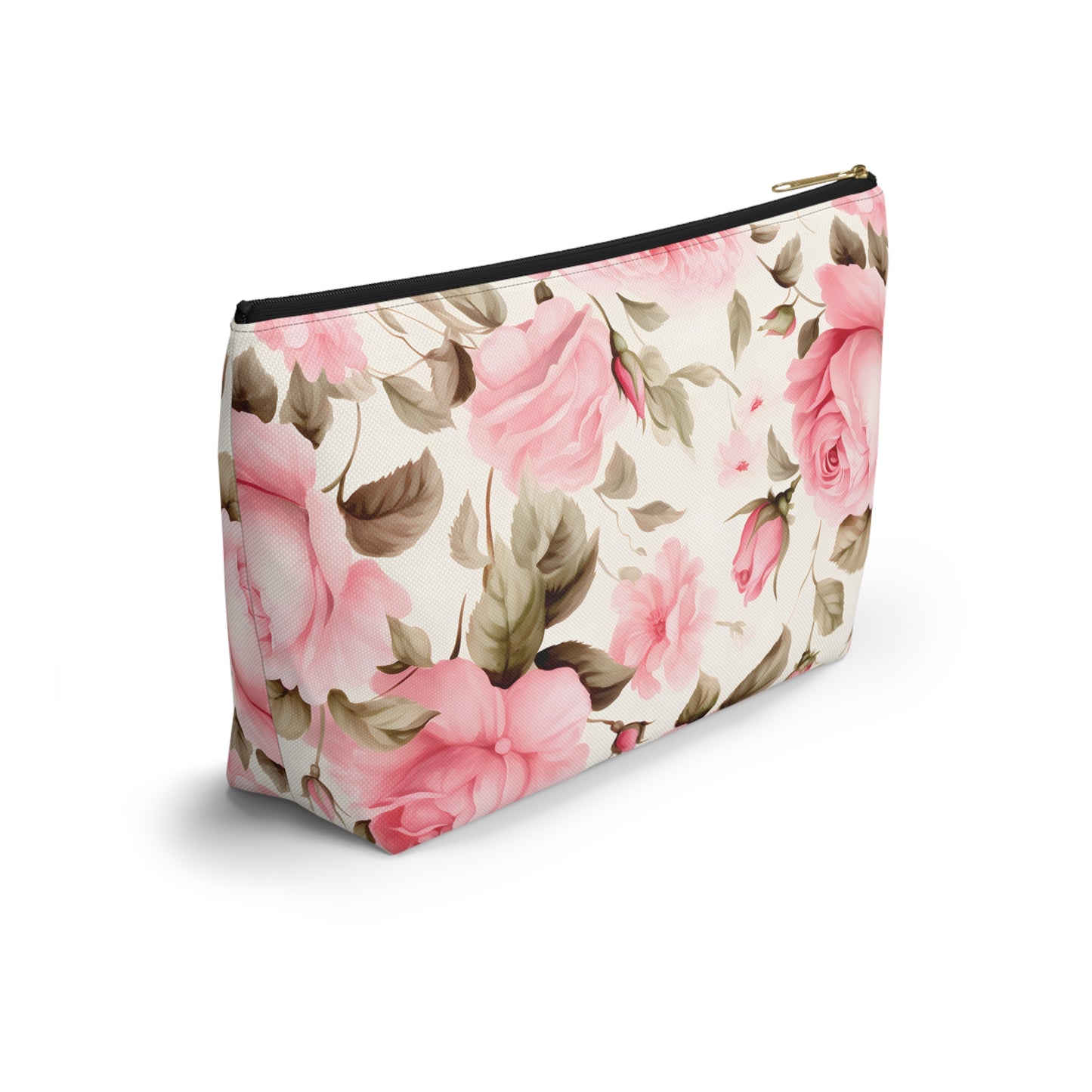 Floral Rose Accessory Pouch - Pink Vintage Cosmetic Bag with T-Bottom
