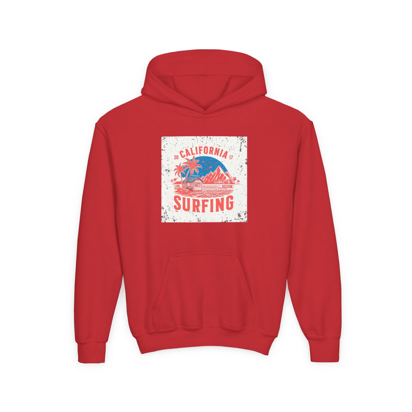 California Surfing Youth Hoodie — Retro Beach Palm Tree Surf Graphic