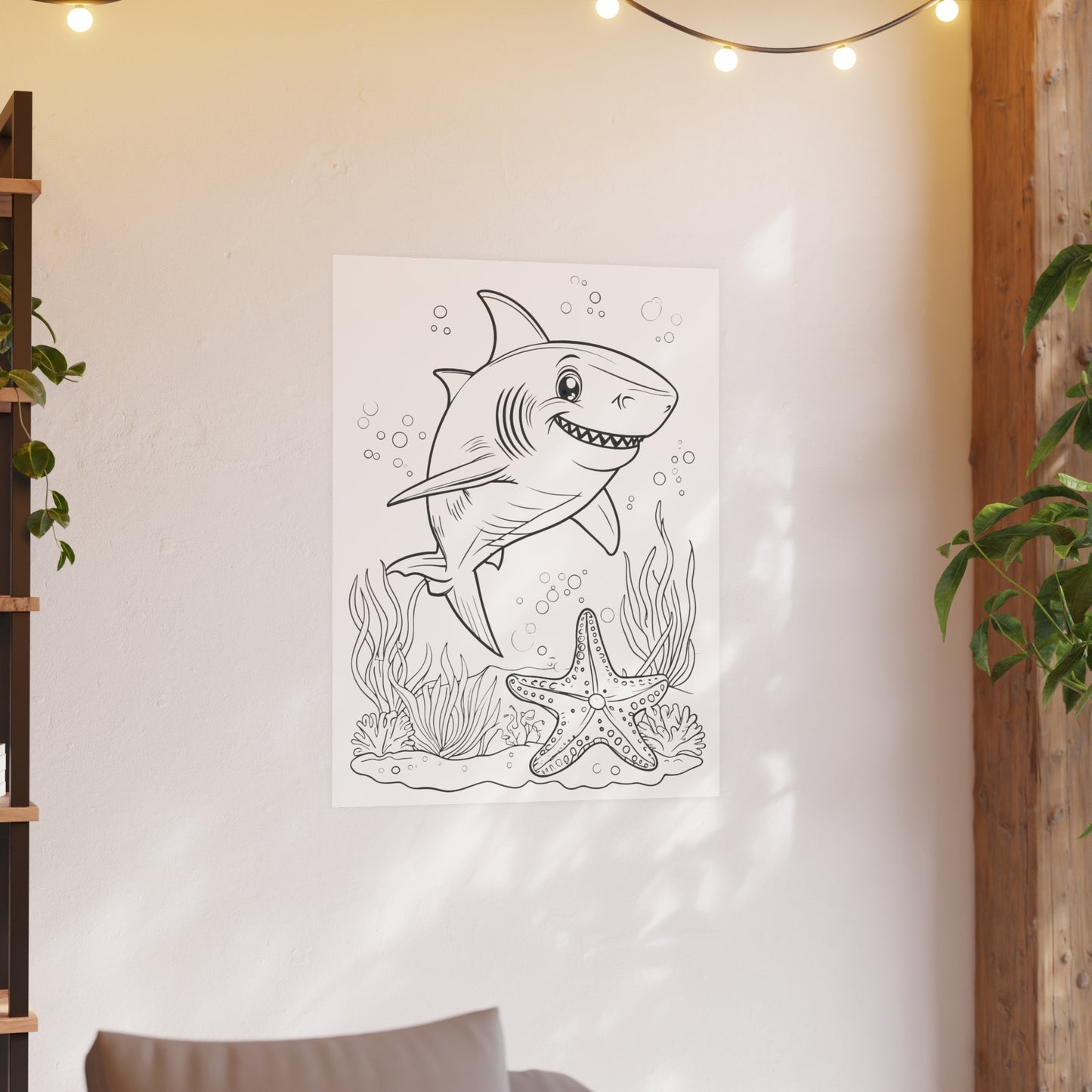 Cute Shark Coloring Poster — Satin & Archival Matte Ocean Print for Kids’ Rooms