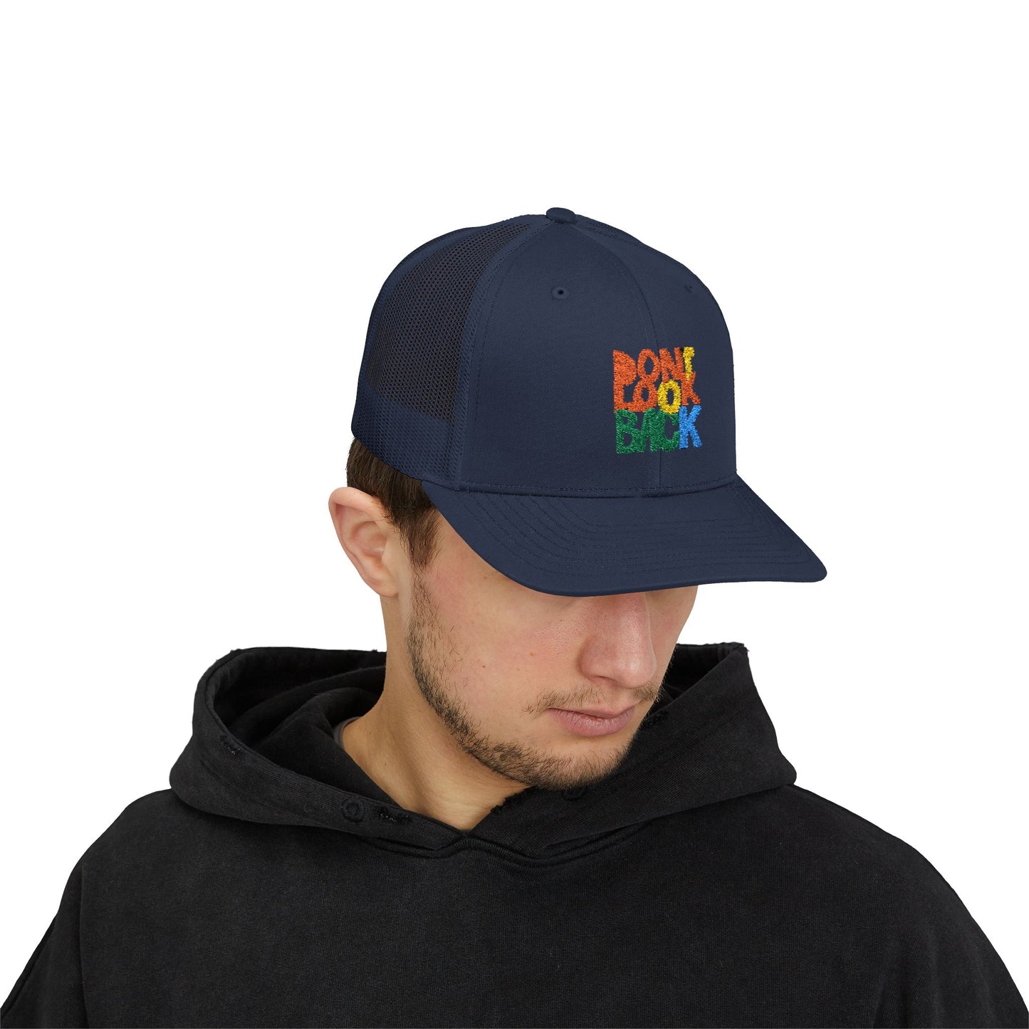 Don’t Look Back Snapback Trucker Cap — Retro Rainbow Embroidered Hat