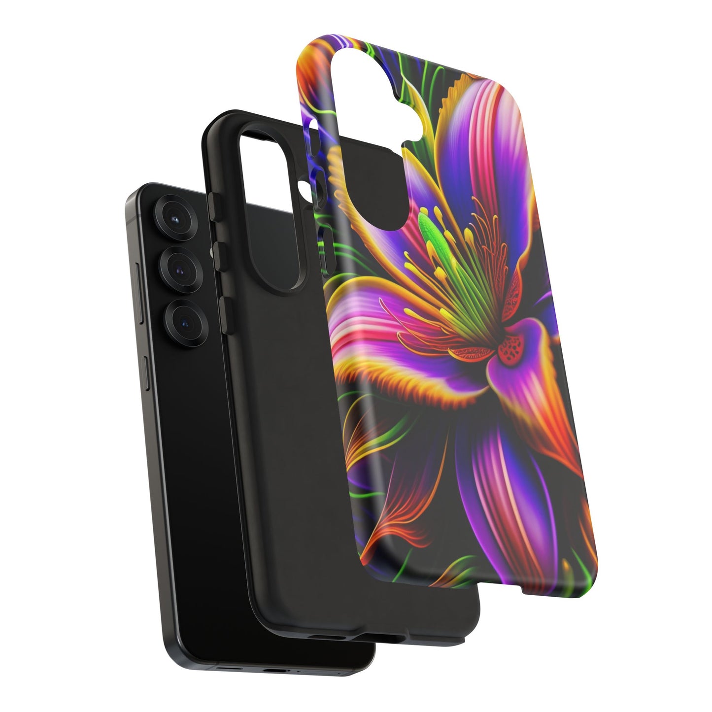 Floral Neon Tough Phone Case — Vivid Purple & Orange Lily Protective Cover
