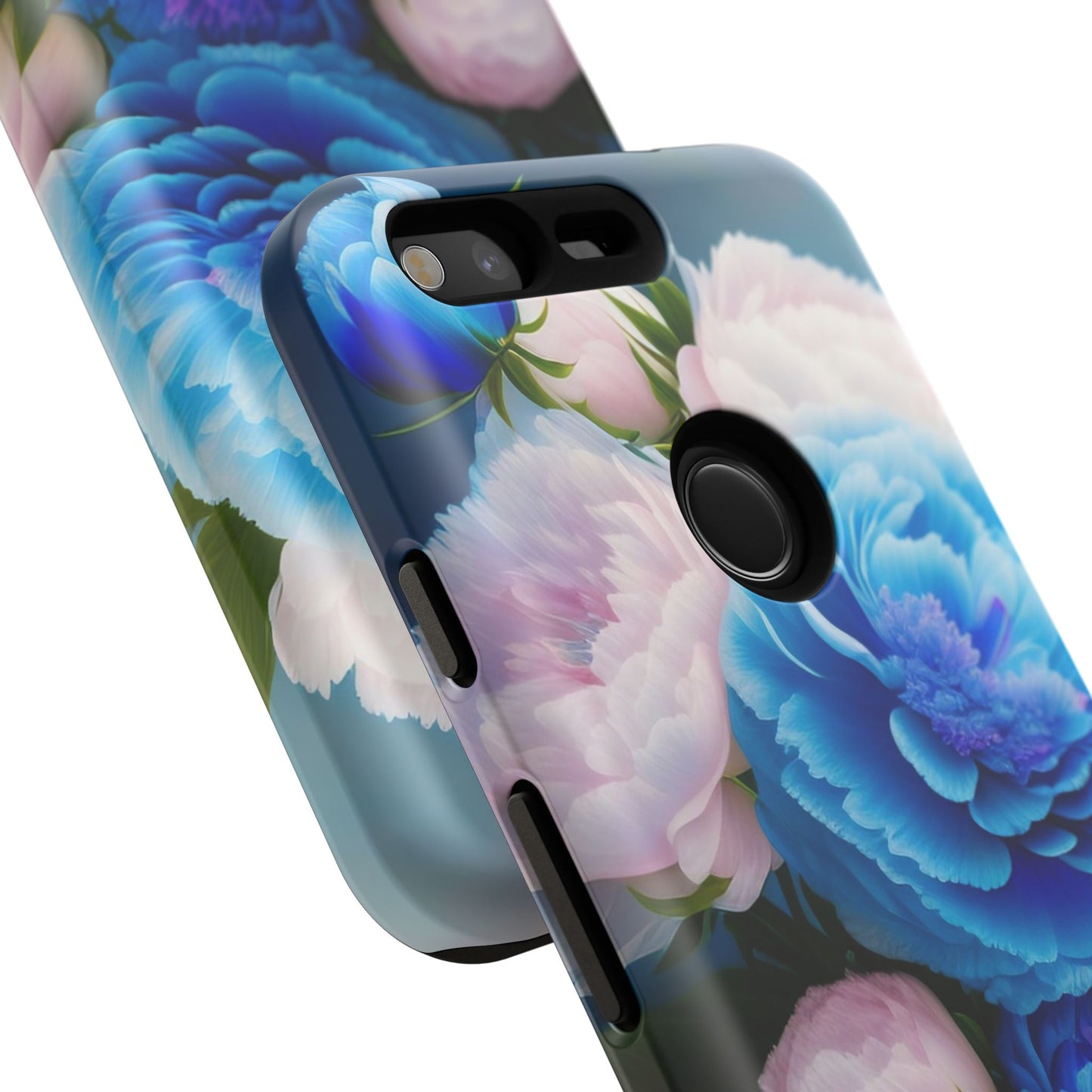 Floral Blue Peony Phone Case — Protective Tough Case with Pink & Blue Blooms